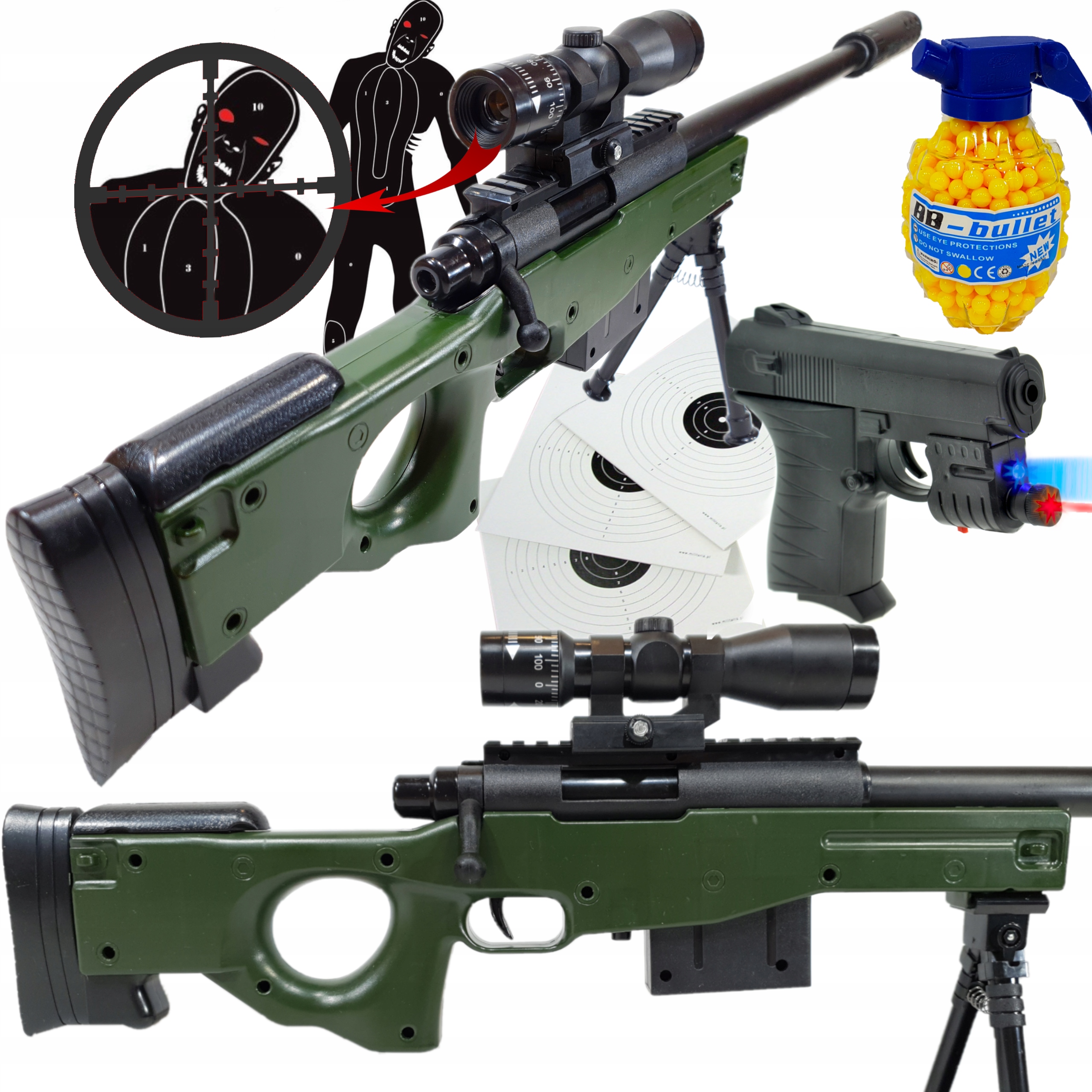 KARABIN SNAJPERKA AWP NA KULKI ASG + PISTOLET LASER + KULKI 800 szt. GRANAT