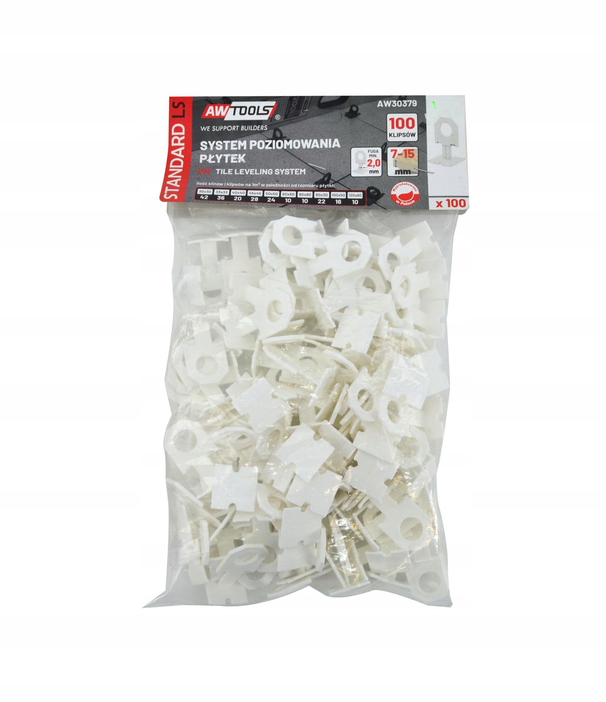 SYSTEM POZIOMOWANIA PŁYTEK STANDARD 2,0mm 7-15mm KLIPS 100 szt. AWTOOLS