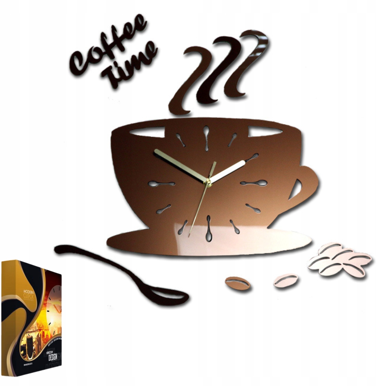 Nástěnné hodiny ve tvaru šálku Coffe Time Metalic copper Kulatý