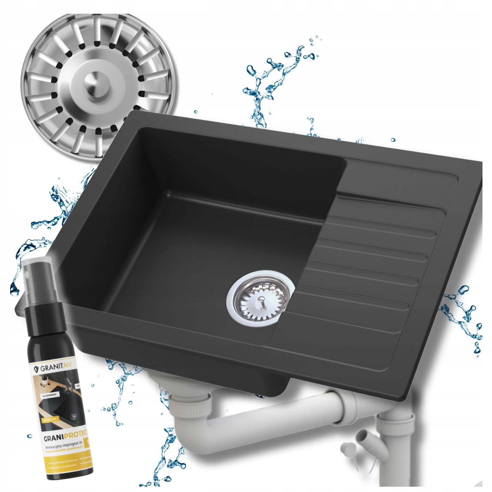 Kuchynský granitový drez s odkvapkávačom jednokomorový drez Argos sifón