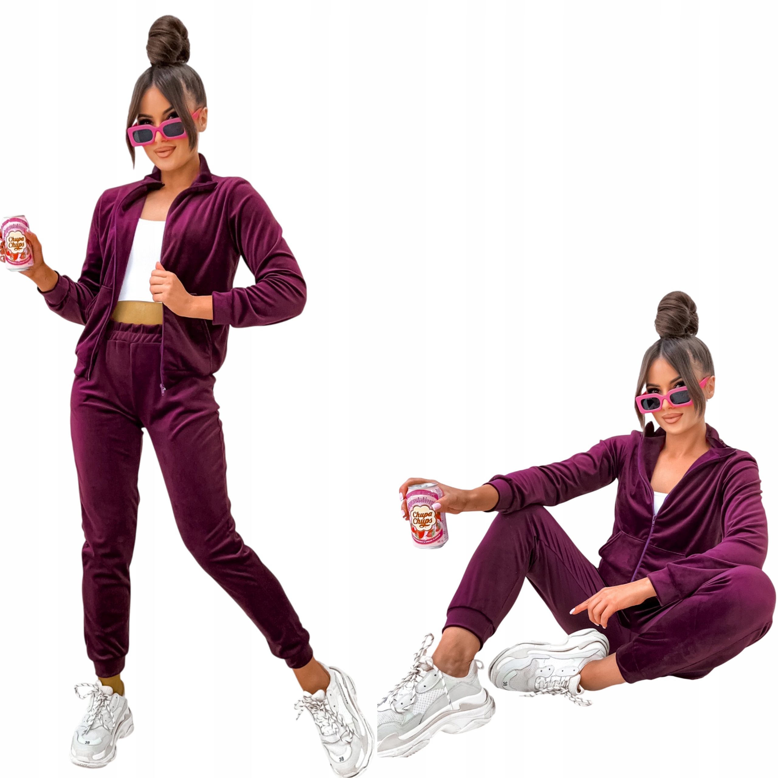 Dres Welurowy Damski Komplet Rozpinany Bluza Spodnie Śliwka S/m