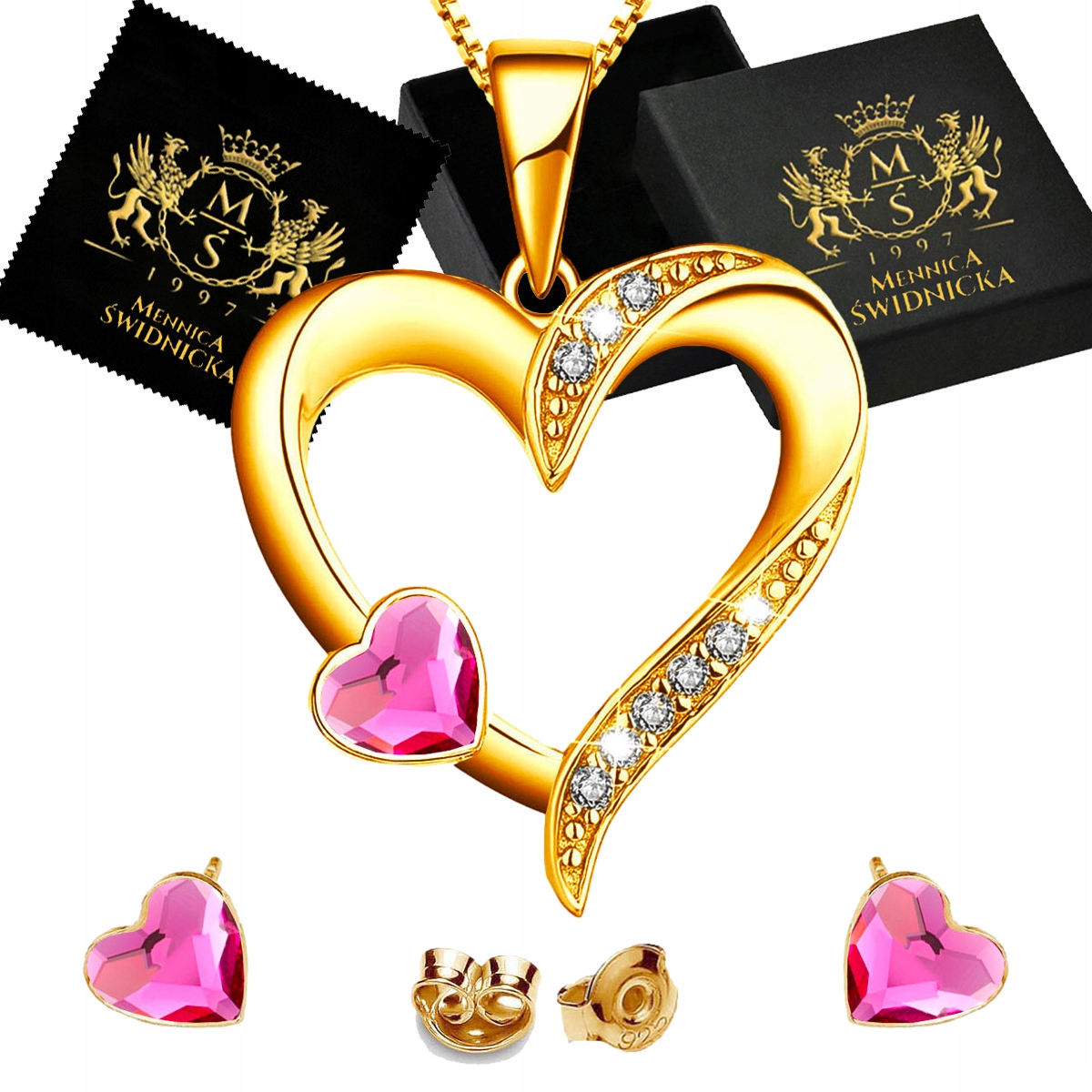 Zlatý komplet Srdíčka Stříbro 925 Náušnice Náhrdelník Řetízek jako Dárek