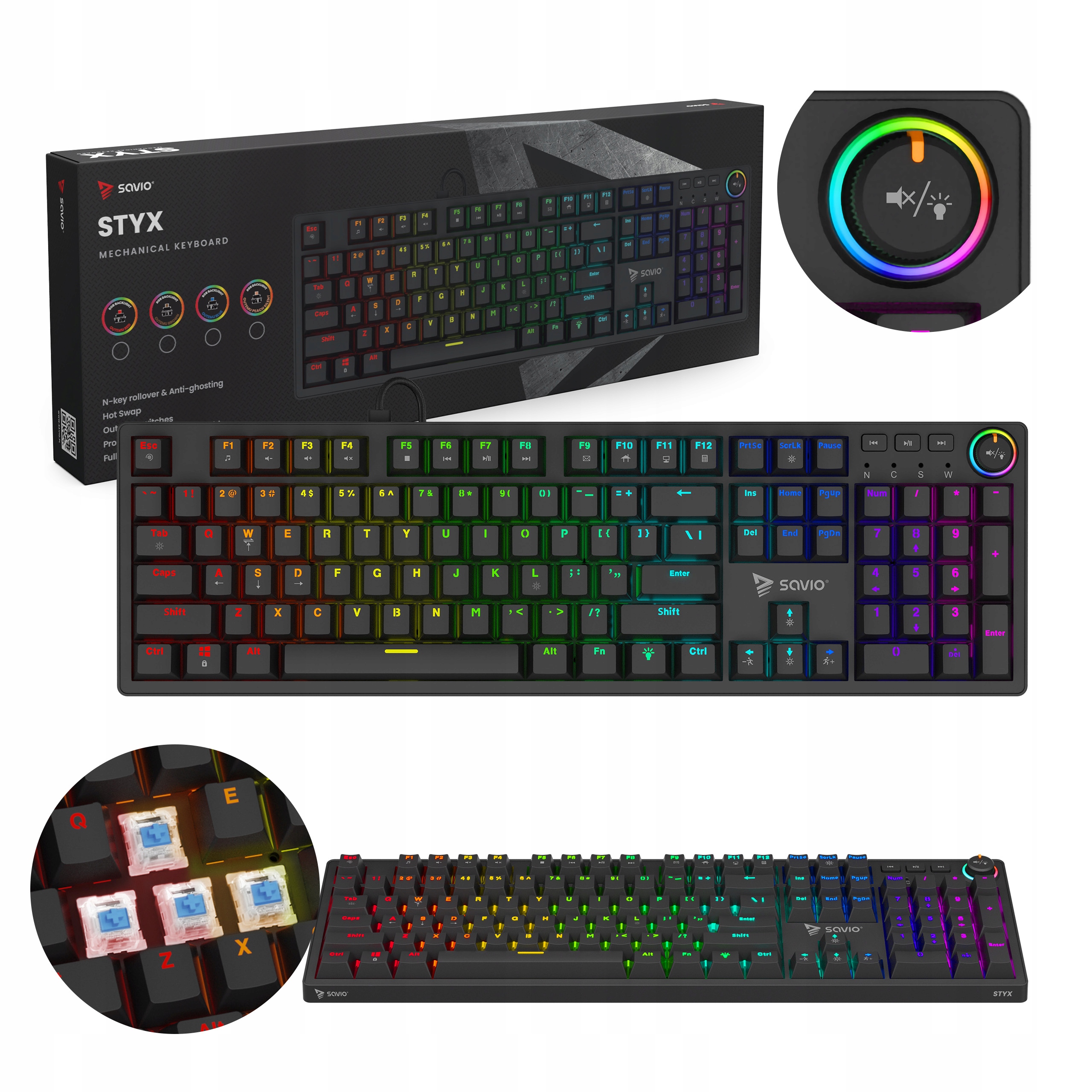 Mechanická klávesnice Savio Styx Outemu Blue Hot Swap Rgb 21 režimů 1.5 m