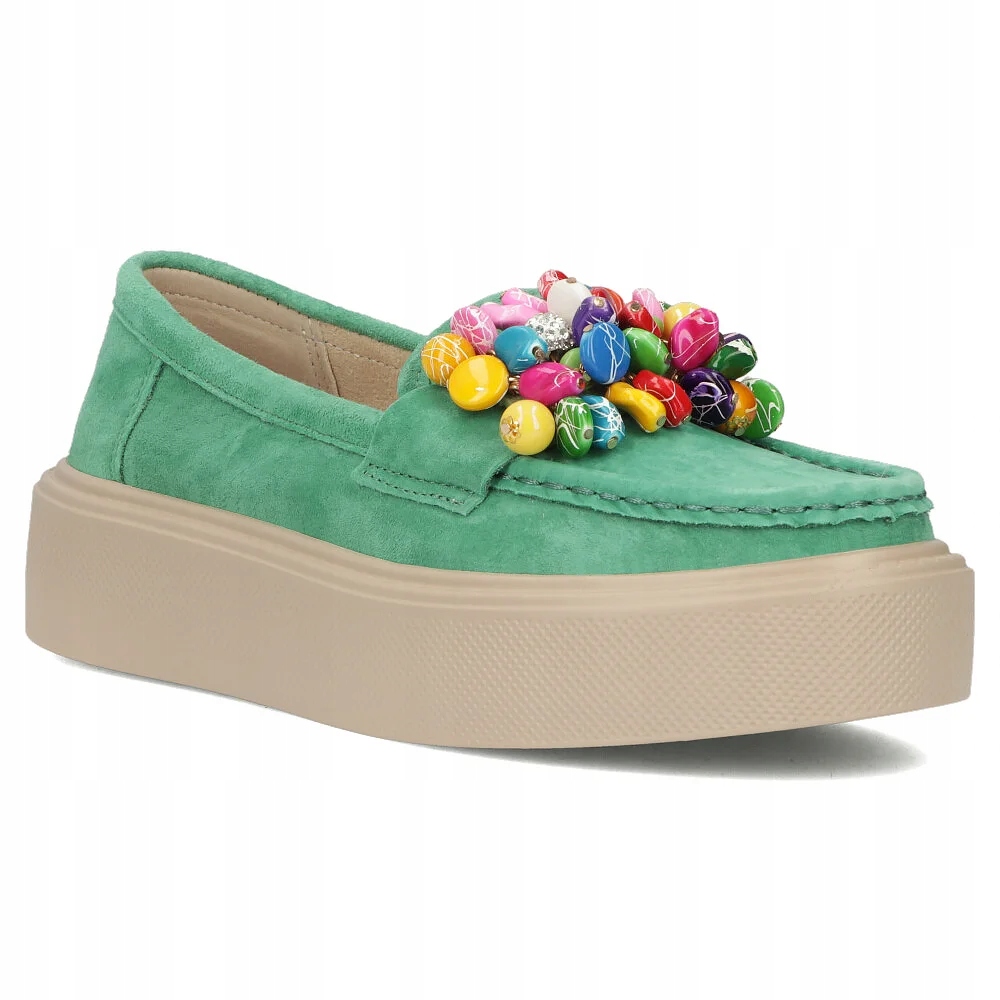 Buty damskie mokasyny skórzane lekkie Filippo zielone koraliki r.40