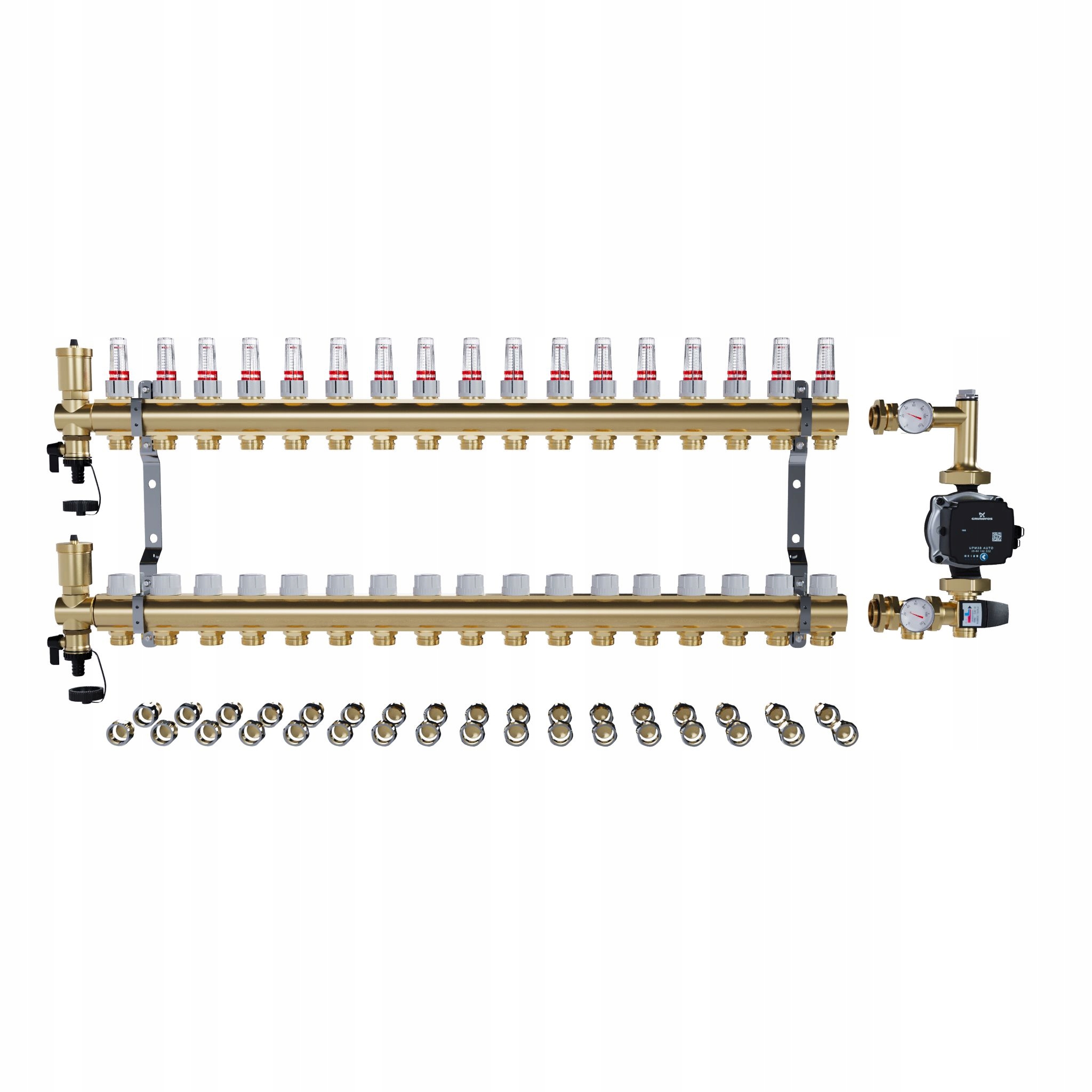 Rozdělovač pro podlahové topení 17 sekcí Spojky Pex+pompa Grundfos