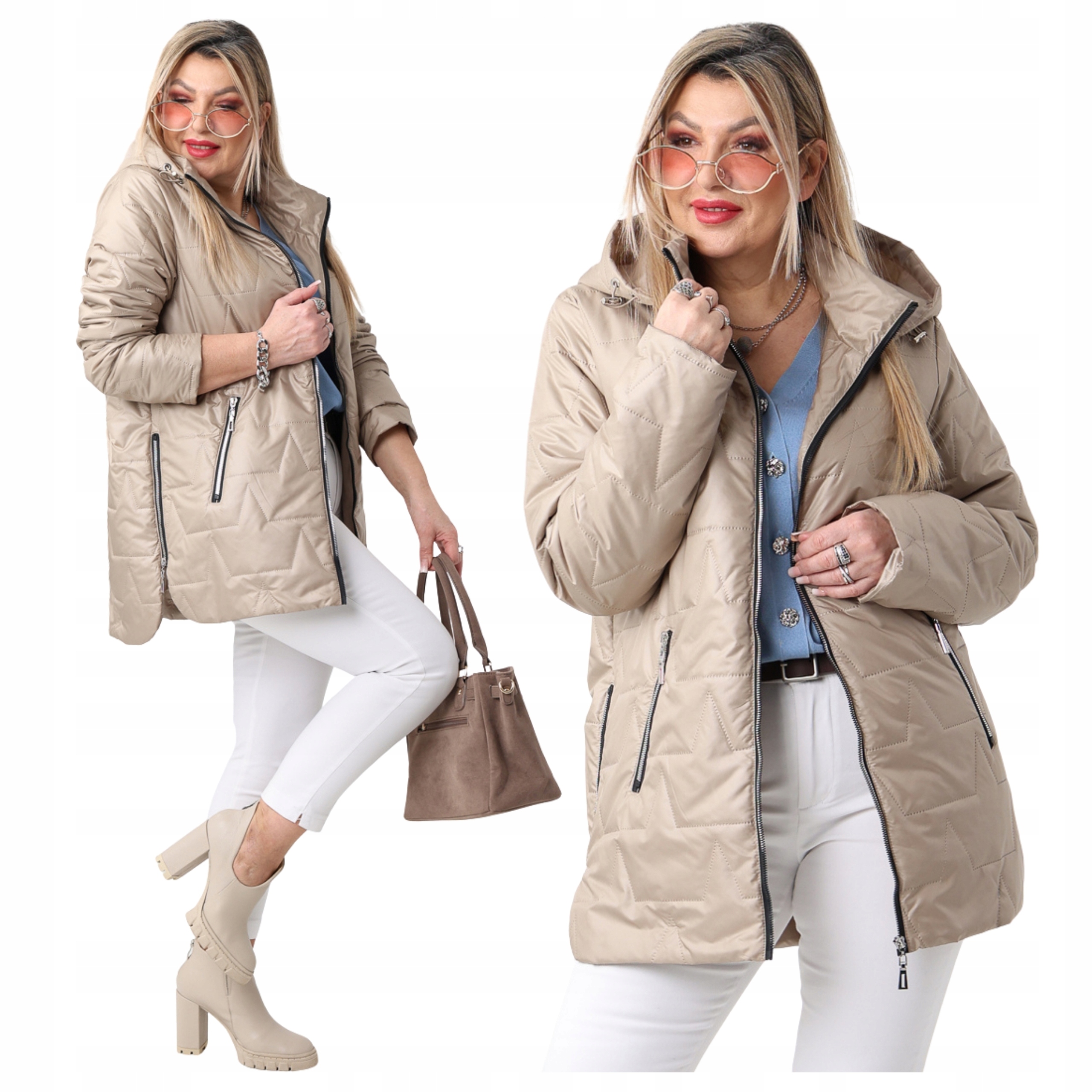 Kurtka Damska Przejściowa Z Kapturem Pikowana Z Połyskiem Duże Rozmiary