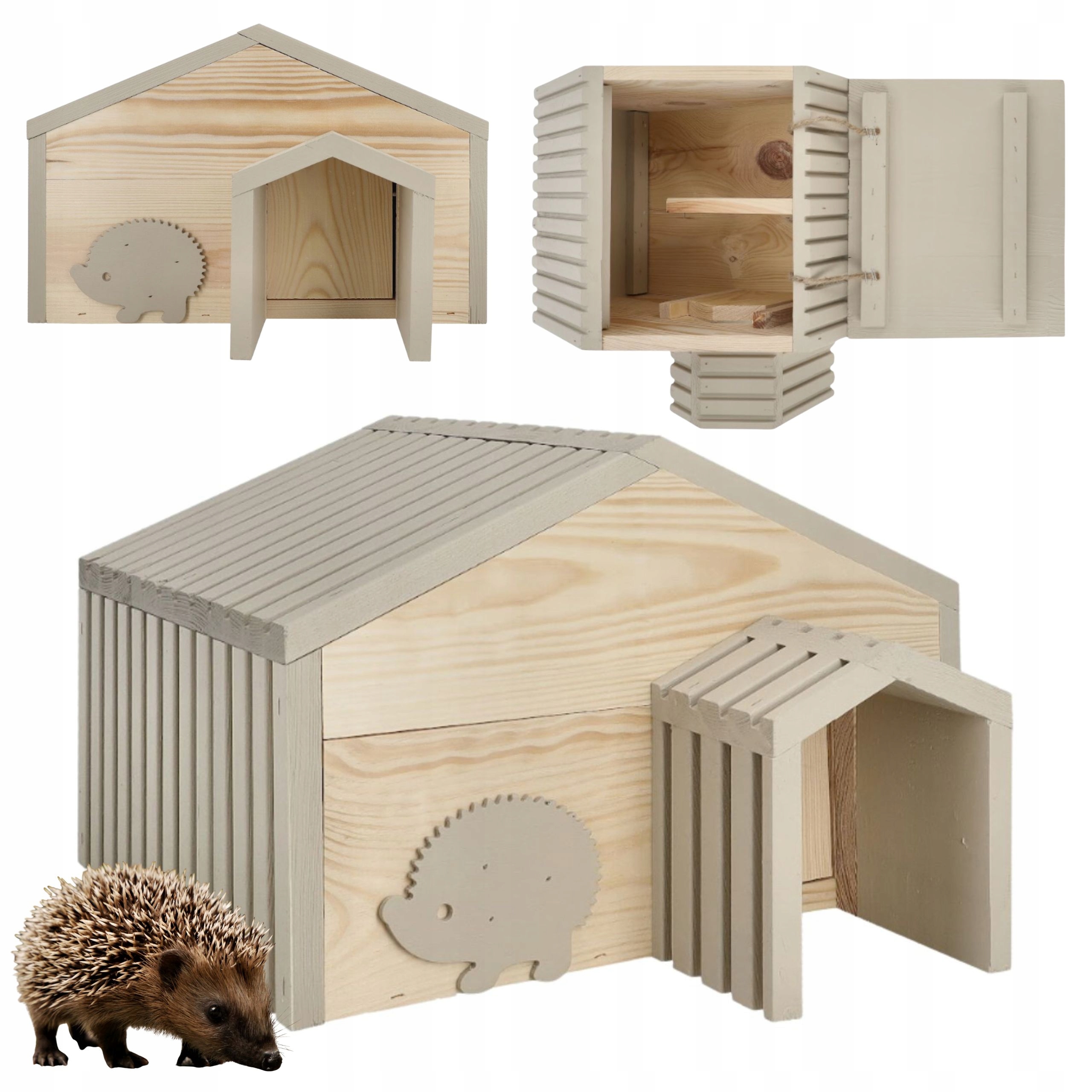 Drewniany Domek dla Jeża z Przedsionkiem Ozdobny Otwierany Dach 38x38x26 cm