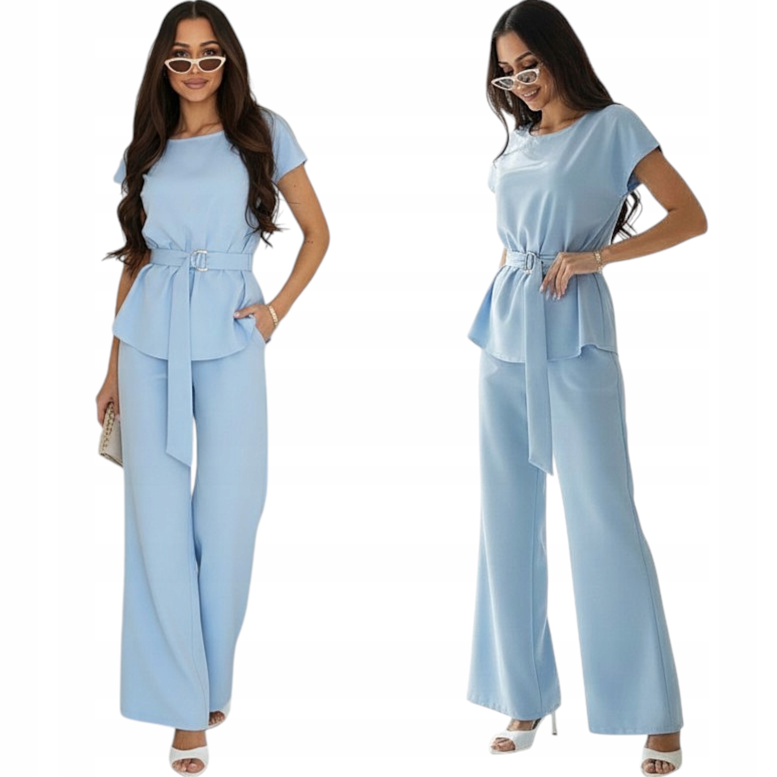 komplet damski Polska produkcja bluzka z klamerką Spodnie Błękit