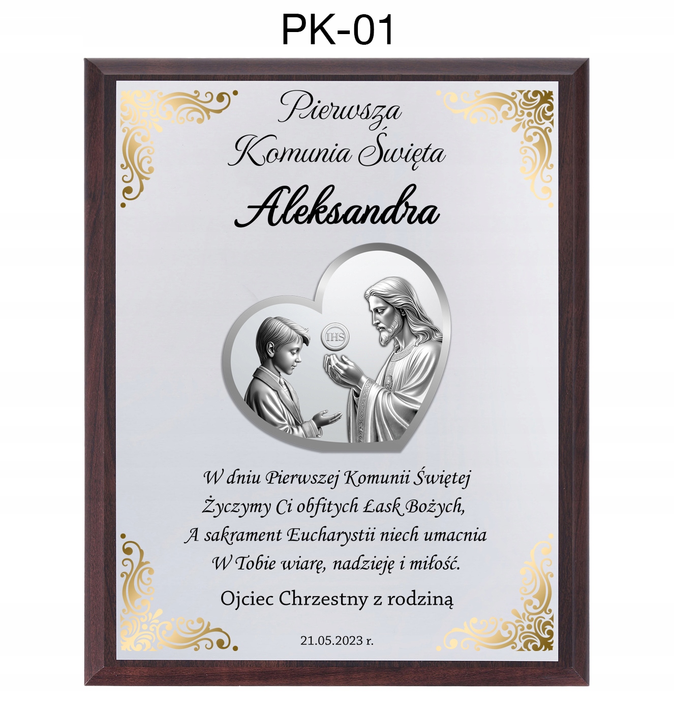 OBRAZEK NA KOMUNIĘ PAMIĄTKA PIERWSZEJ KOMUNII ŚWIĘTEJ PREZENT Z GRAWEREM Kolor srebrny