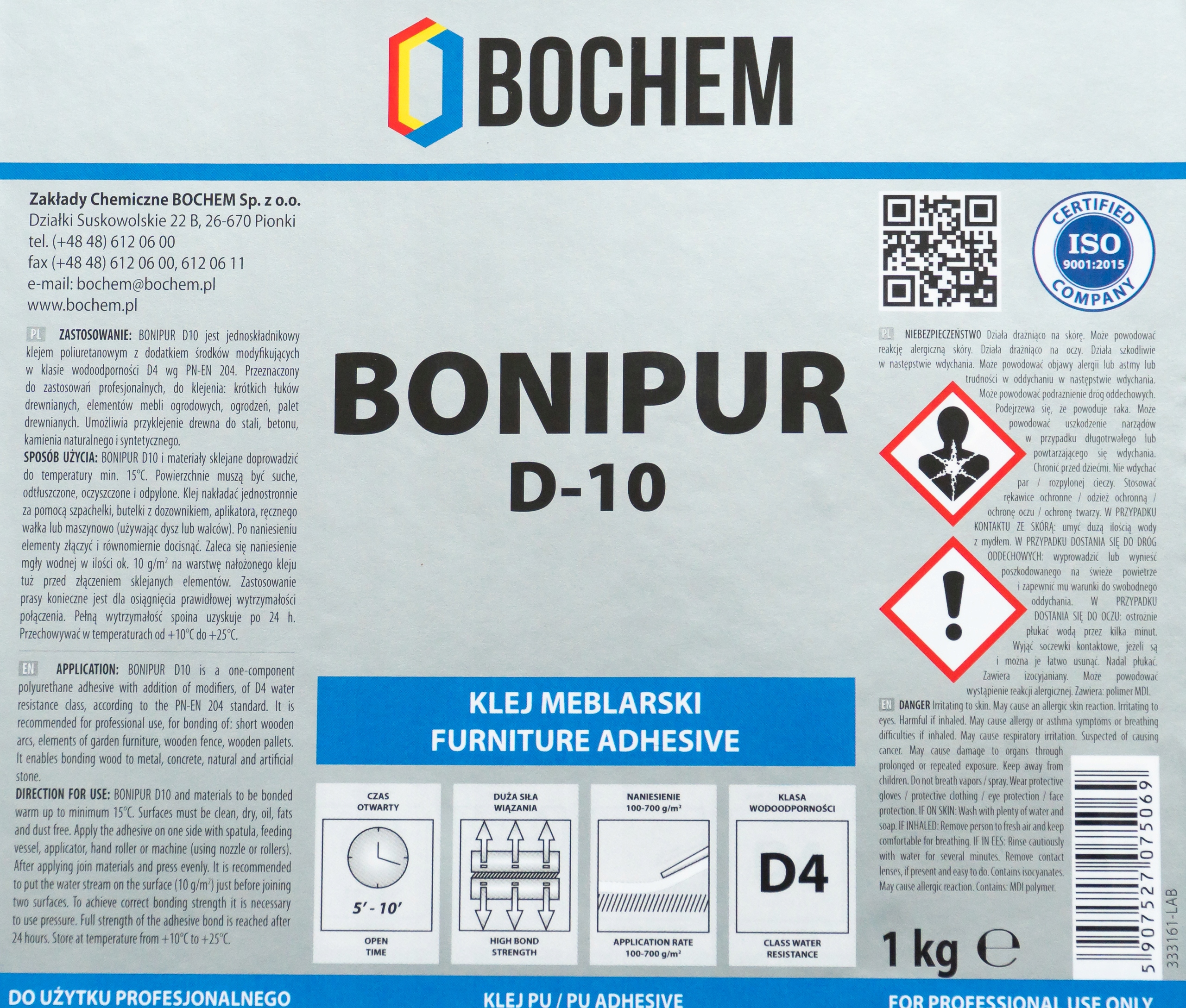 KLEJ POLIURETANOWY DO DREWNA BONIPUR D10 D4 1kg Kod producenta D-10