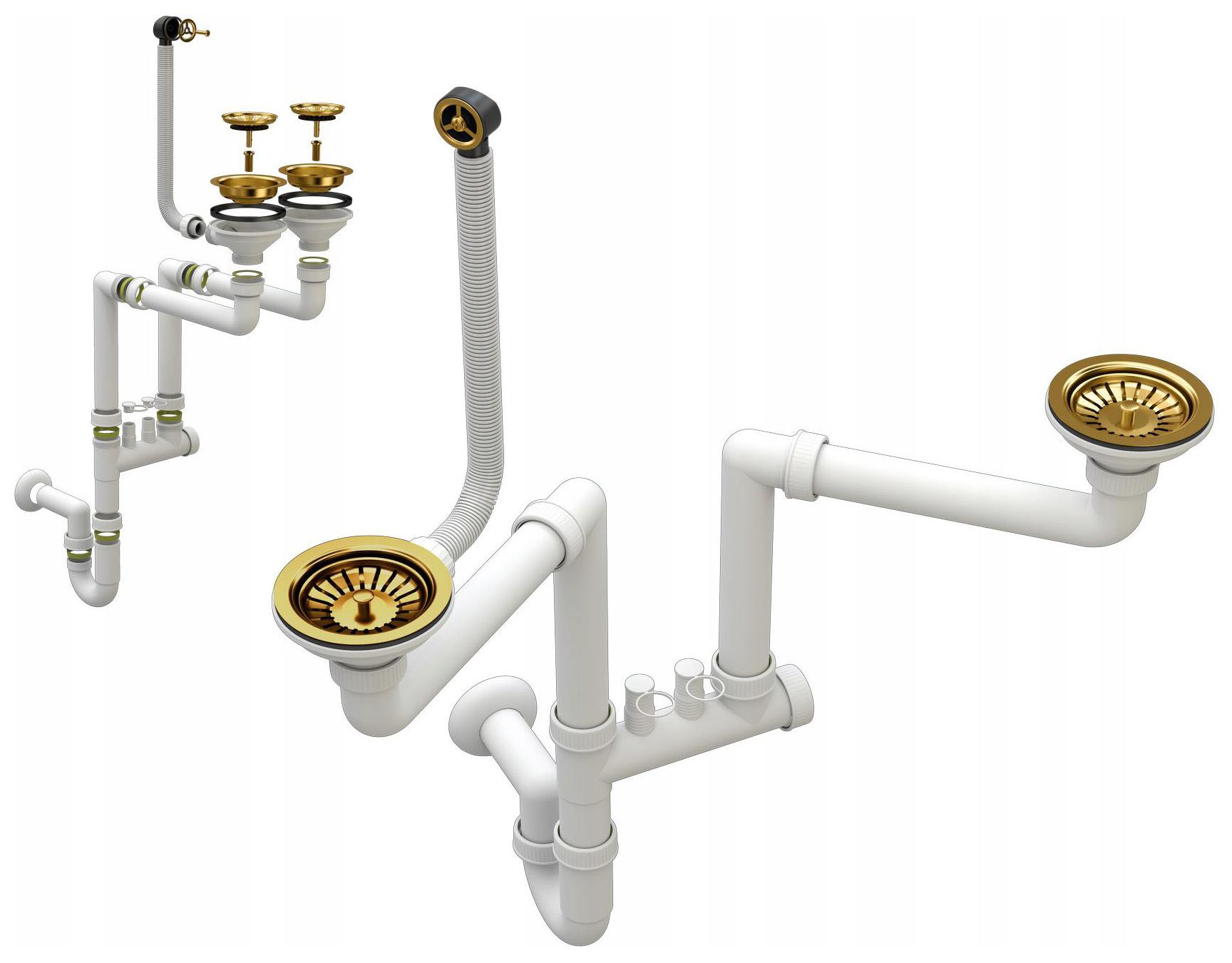 Zlatý Manuálny Sifón Pri Stene Pre 2-KOMOROVÝ Drez