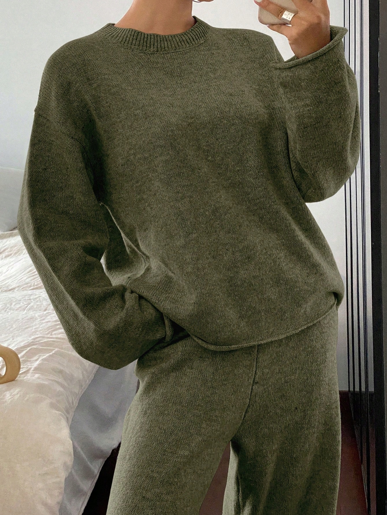 Pletený Komplet Zelený Casual Svetr S Kalhotami, Velikost 38