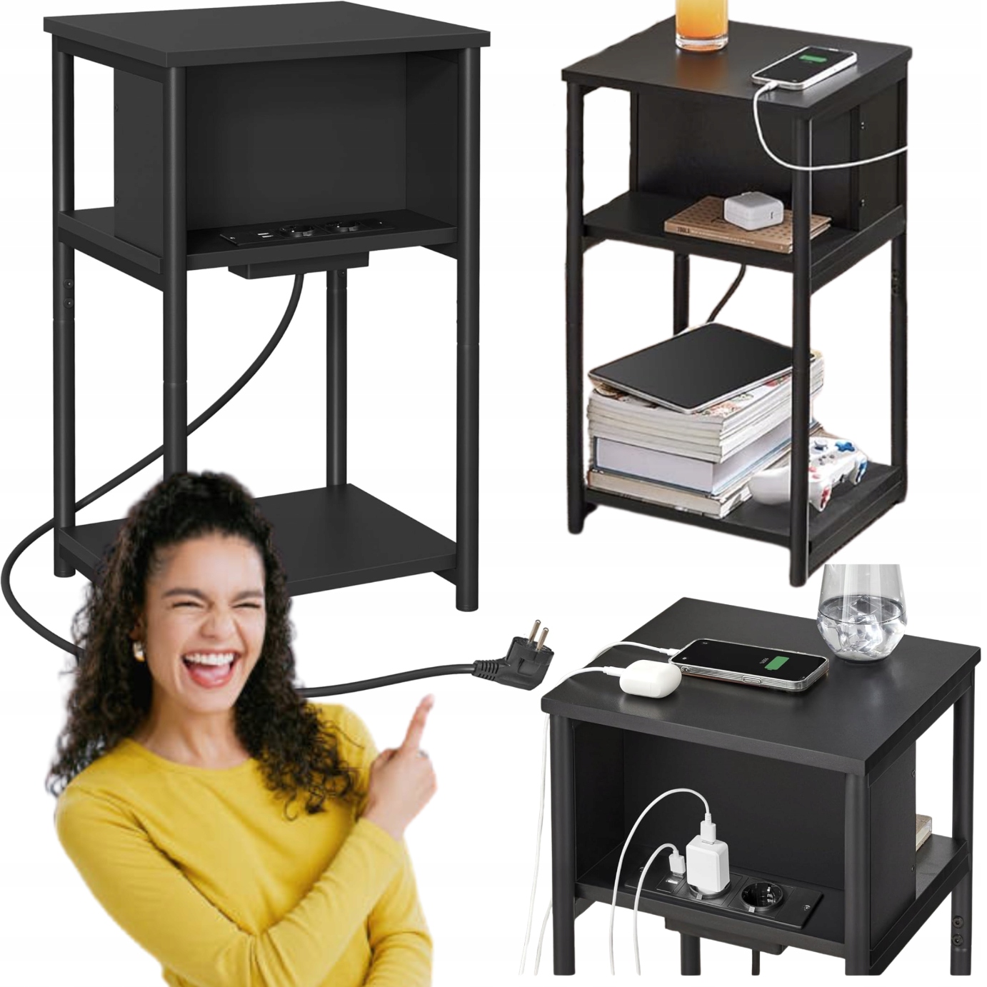 Pomocný bočný stolík s nabíjačkou a napájacou lištou Malý nočný stolík