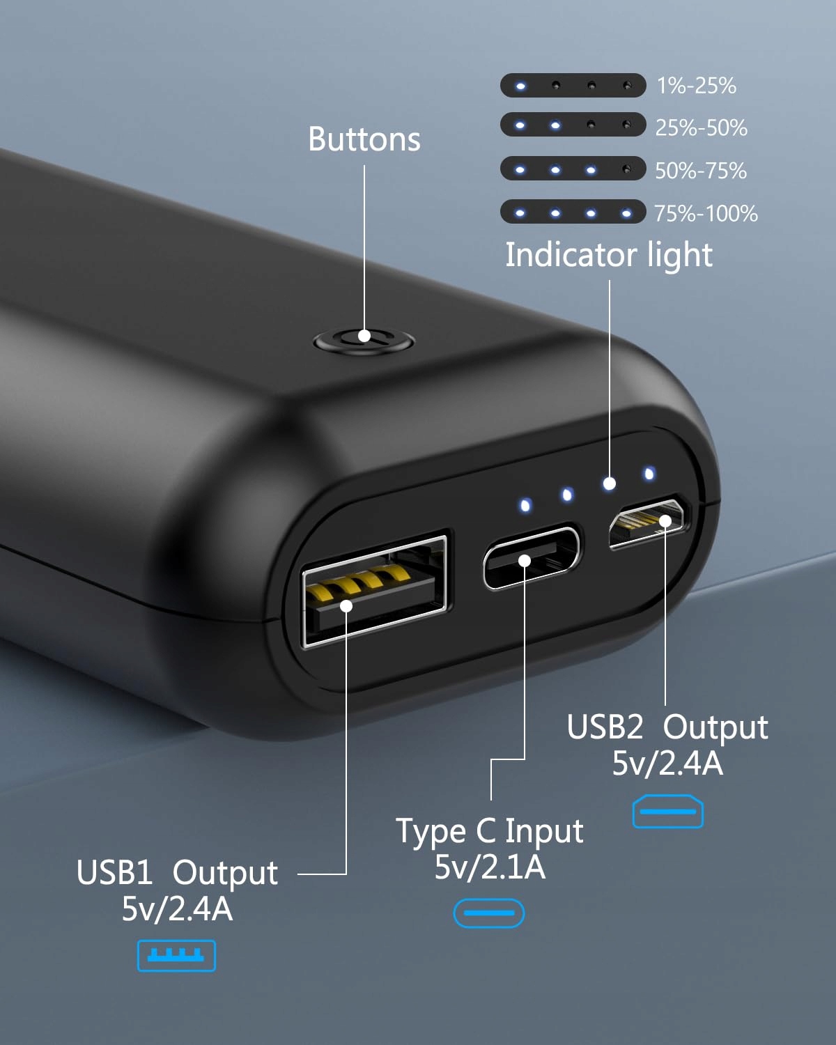 hganus Powerbank 10000mAh Kompaktowy Zewnętrzny Akumulator USB C Micro — miniatura 4