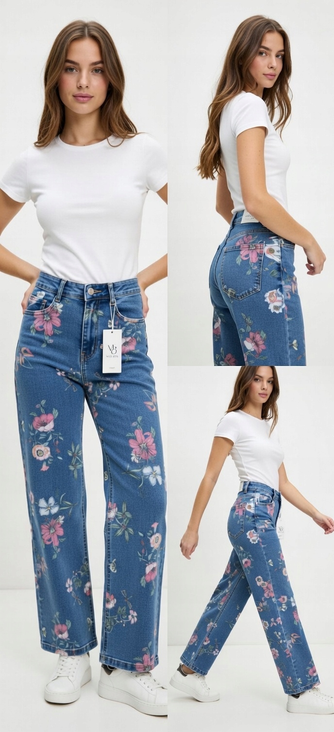 Dámské džínové kalhoty světlé zeštíhlující s květinami