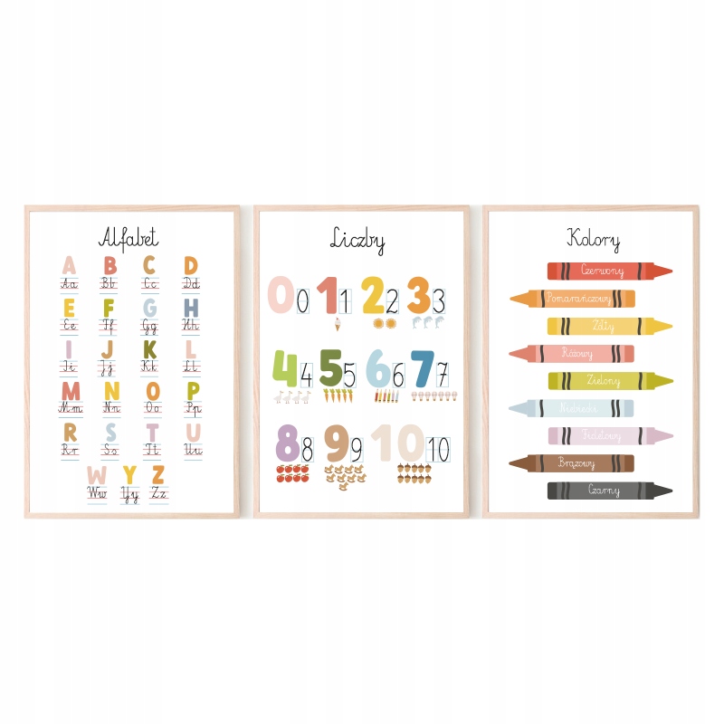 Zestaw 3 plakaty 40x50 Montessori Edukacyjne Alfabet Liczby Różne
