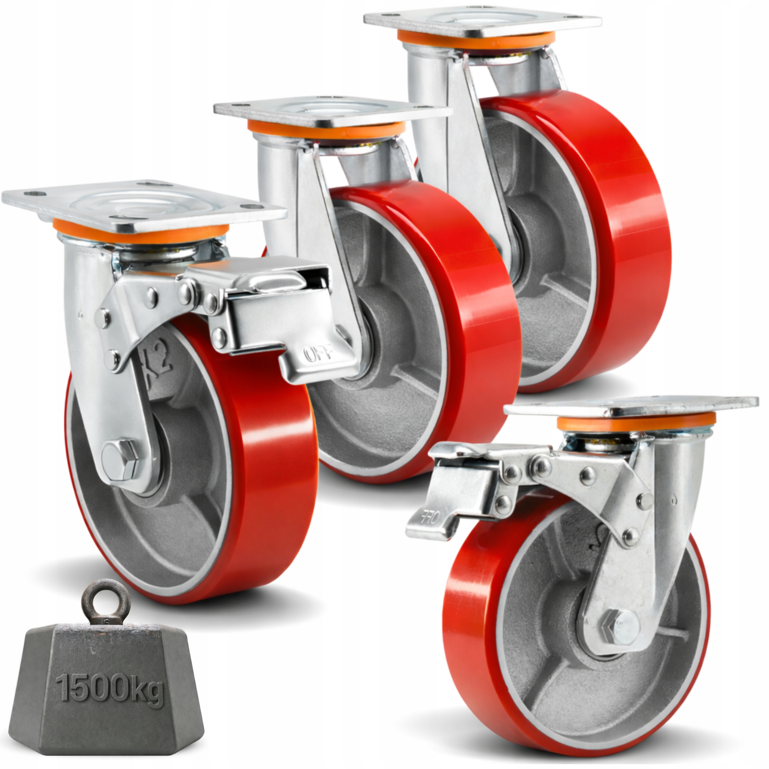 Kolečka 100 mm Otočná s Brzdou Set 4ks litinová polyuretan do 1500 kg