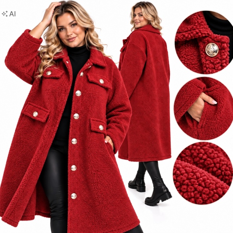 5627 Kabát beránek teddy červený ozdobné knoflíky 54 56 6xl 7xl