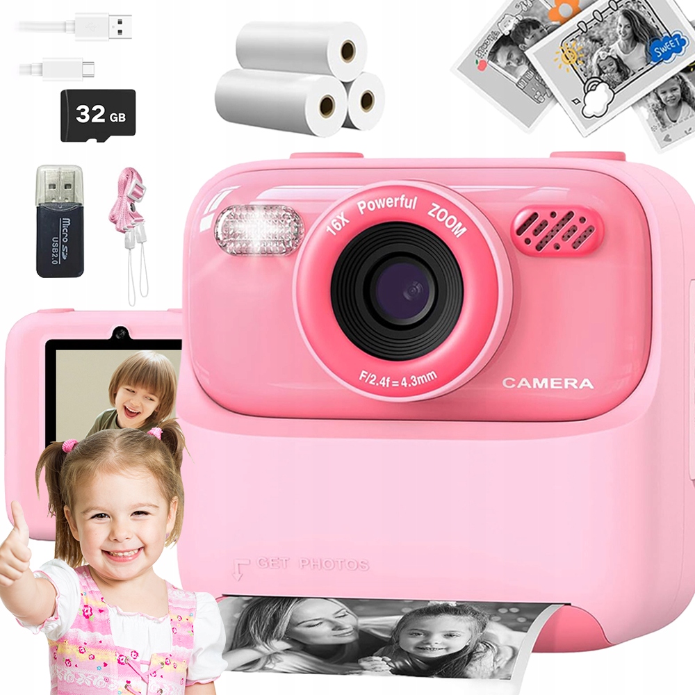 Instantní Fotoaparát S Tiskárnou 1080P Videohry Tisk 3 Role 32GB Růžový