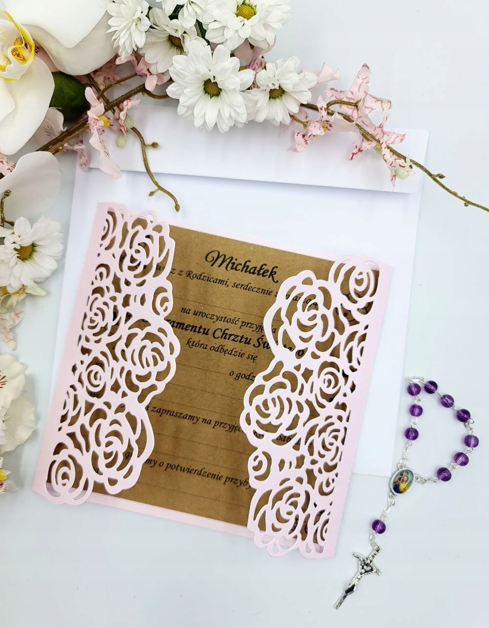 ZAPROSZENIA CHRZEST CHRZCINY AŻUROWE AŻUR EKO RÓŻ Kolor dominujący wielokolorowy