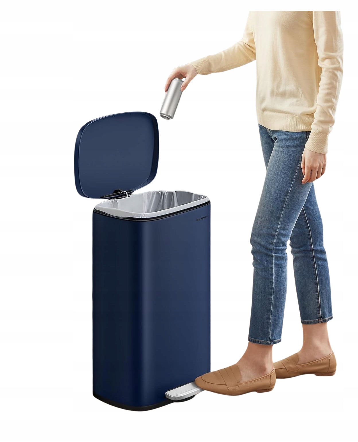 Kosz Na Śmieci 50 litrów Wąski Niebieski Z Pedałem Pokrywą Wysoki Wkład