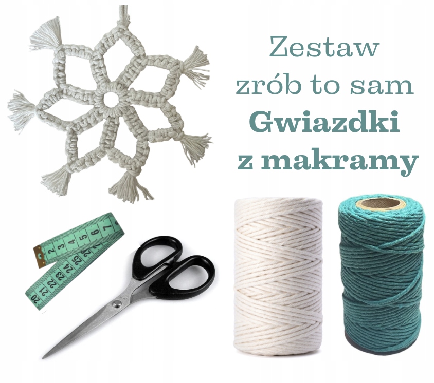 Zestaw Diy do nauki gwiazdek z makramy ze sznurka ecru i turkusowy