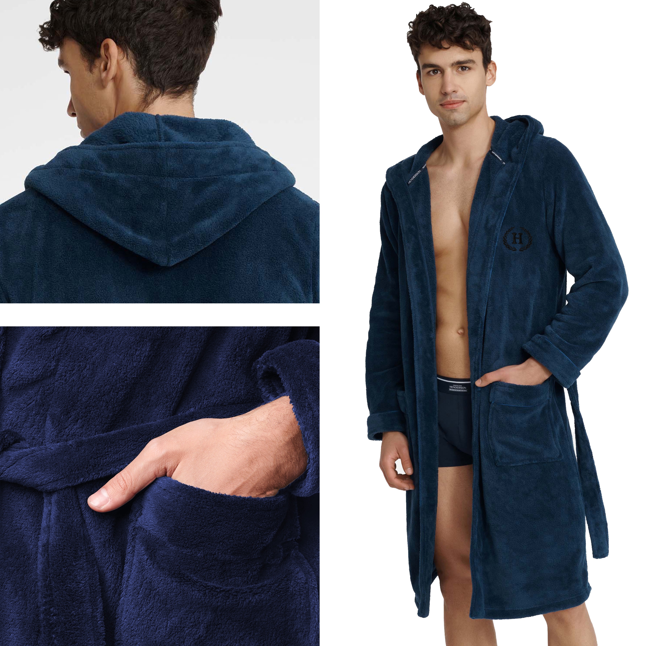 Henderson pánský župan Premium teplý příjemný s kapucí, tmavě modrý, velikost XXL