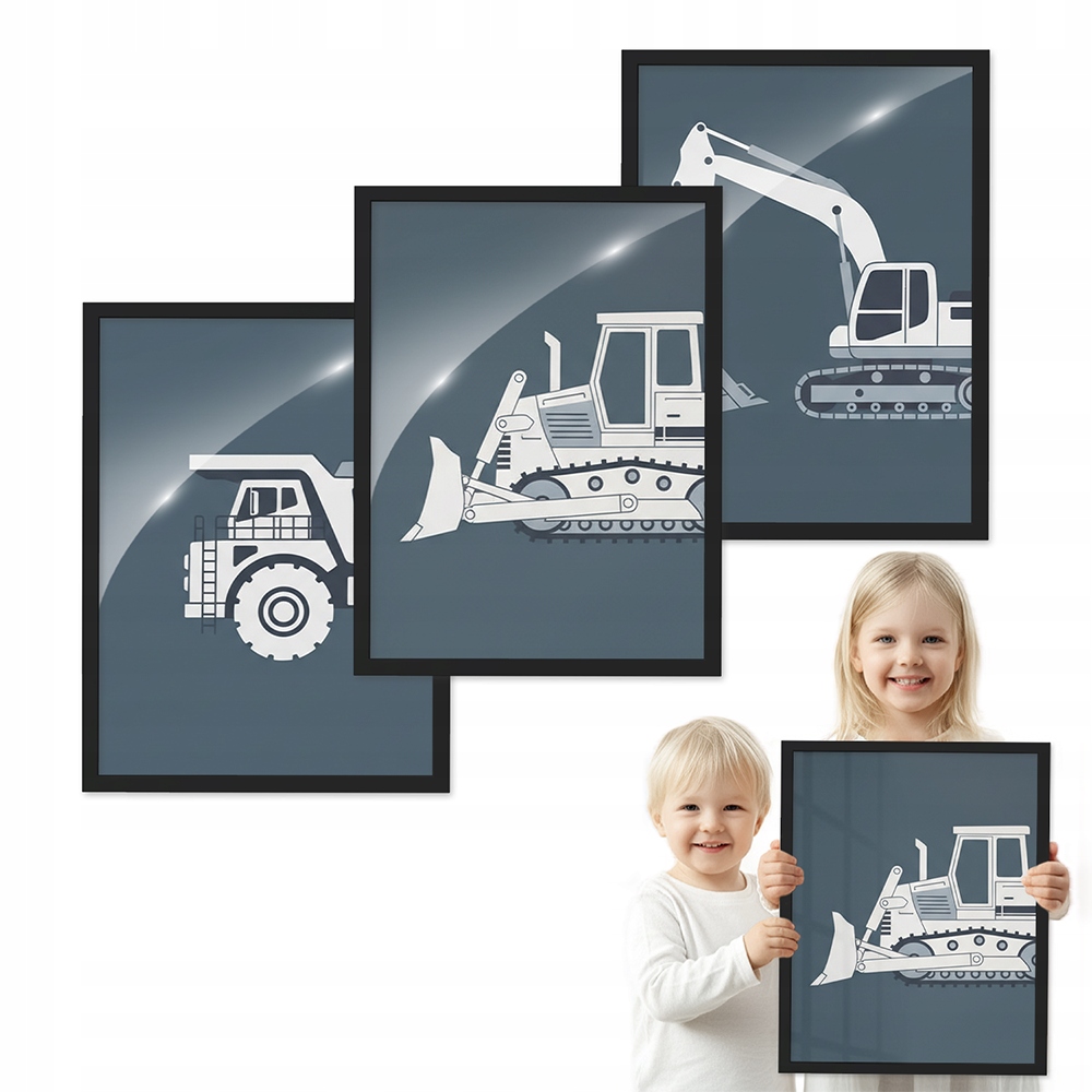Sada 3 obrazů Stavební Stroje Bagr černý rámeček 50x70 pro dítě