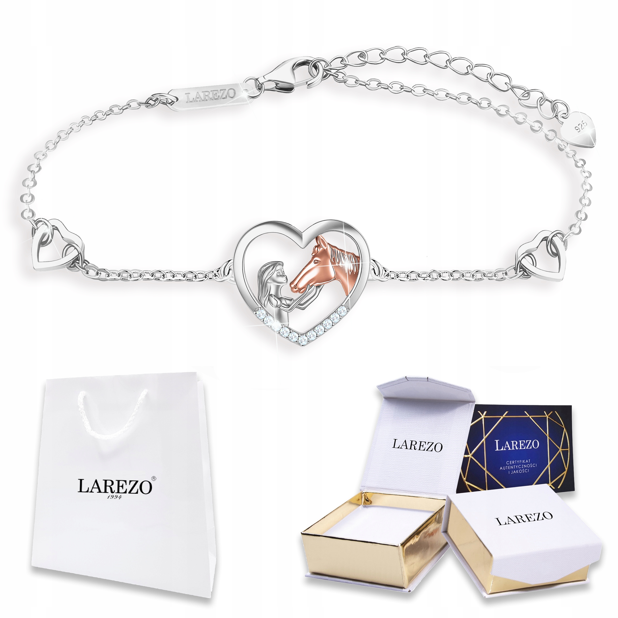 Stříbrný náramek 925 Srdce Dívka s koněm Srdíčko s zirkony