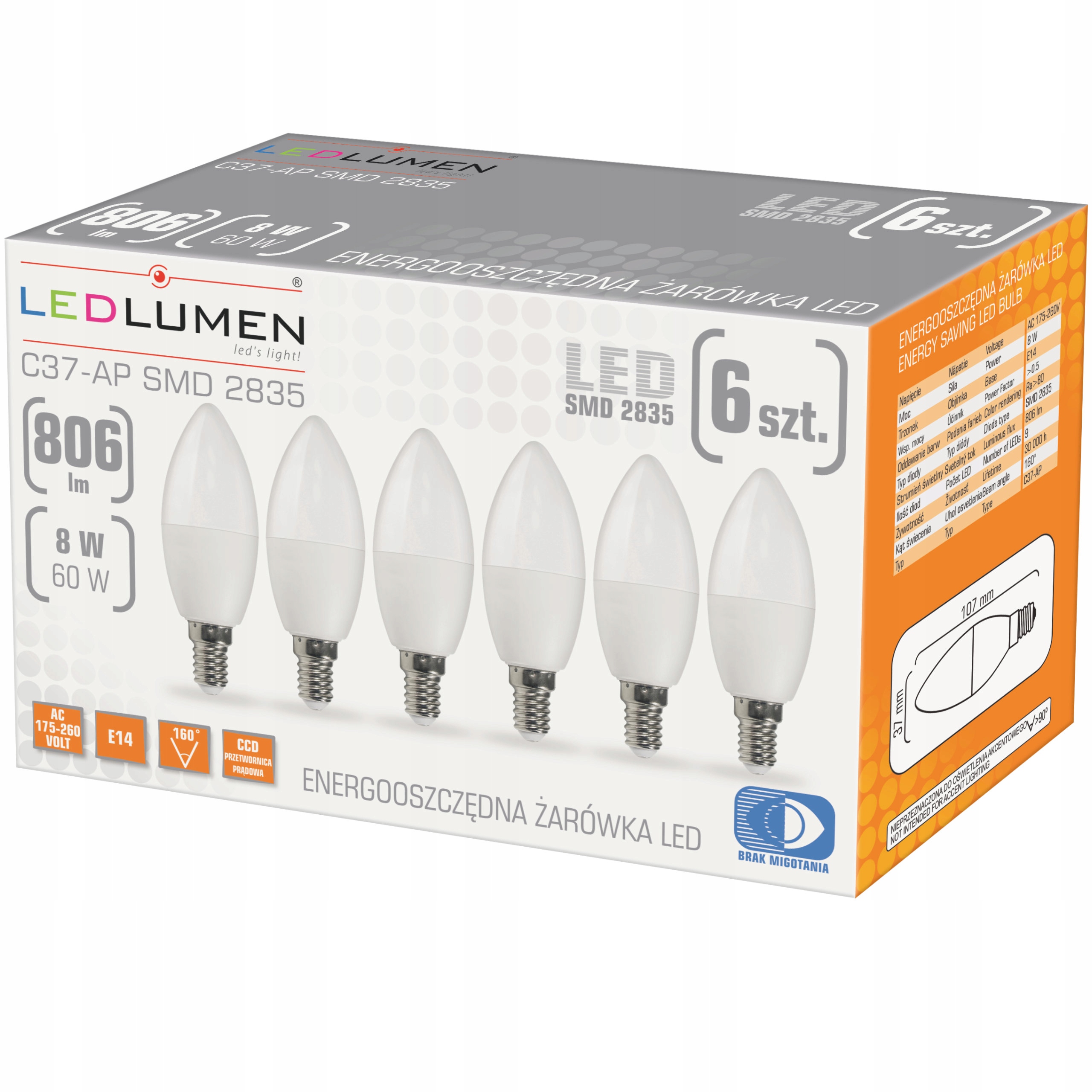 

Zestaw 6x Żarówka Świeczka Led E14 8W=60W 806lm