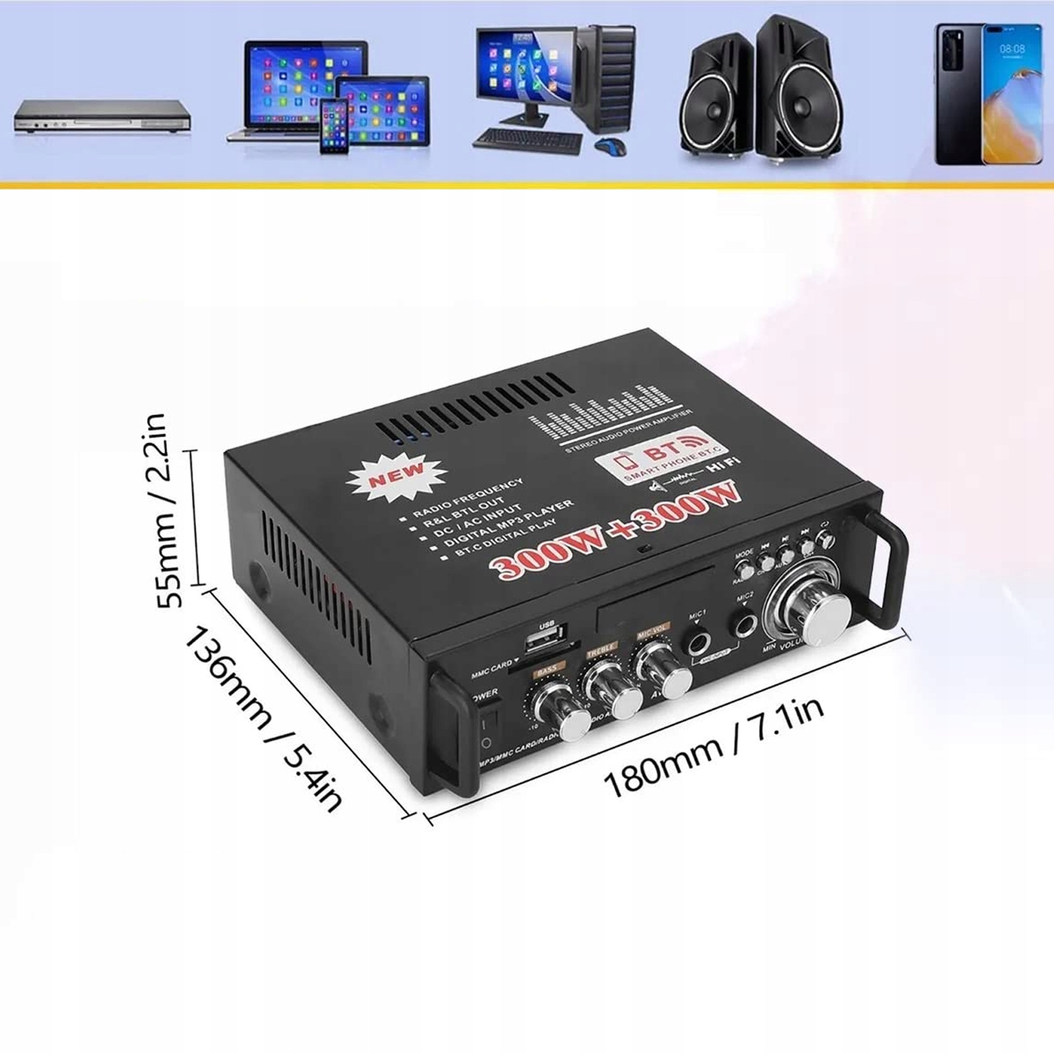 WZMACNIACZ HIFI BLUETOOTH BT-298A Z PILOTEM 600W Pobór mocy 600 W