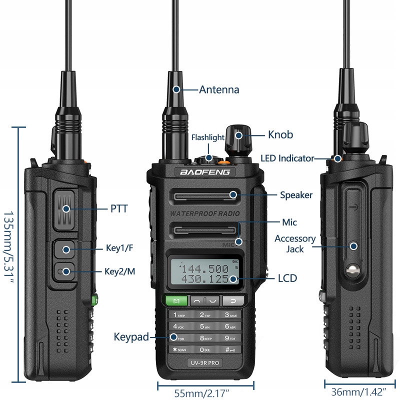 BAOFENG UV-9R PRO KRÓTKOFALÓWKA RADIOTELEFON USB WALKIE TALKIE Maksymalny zasięg 10 km