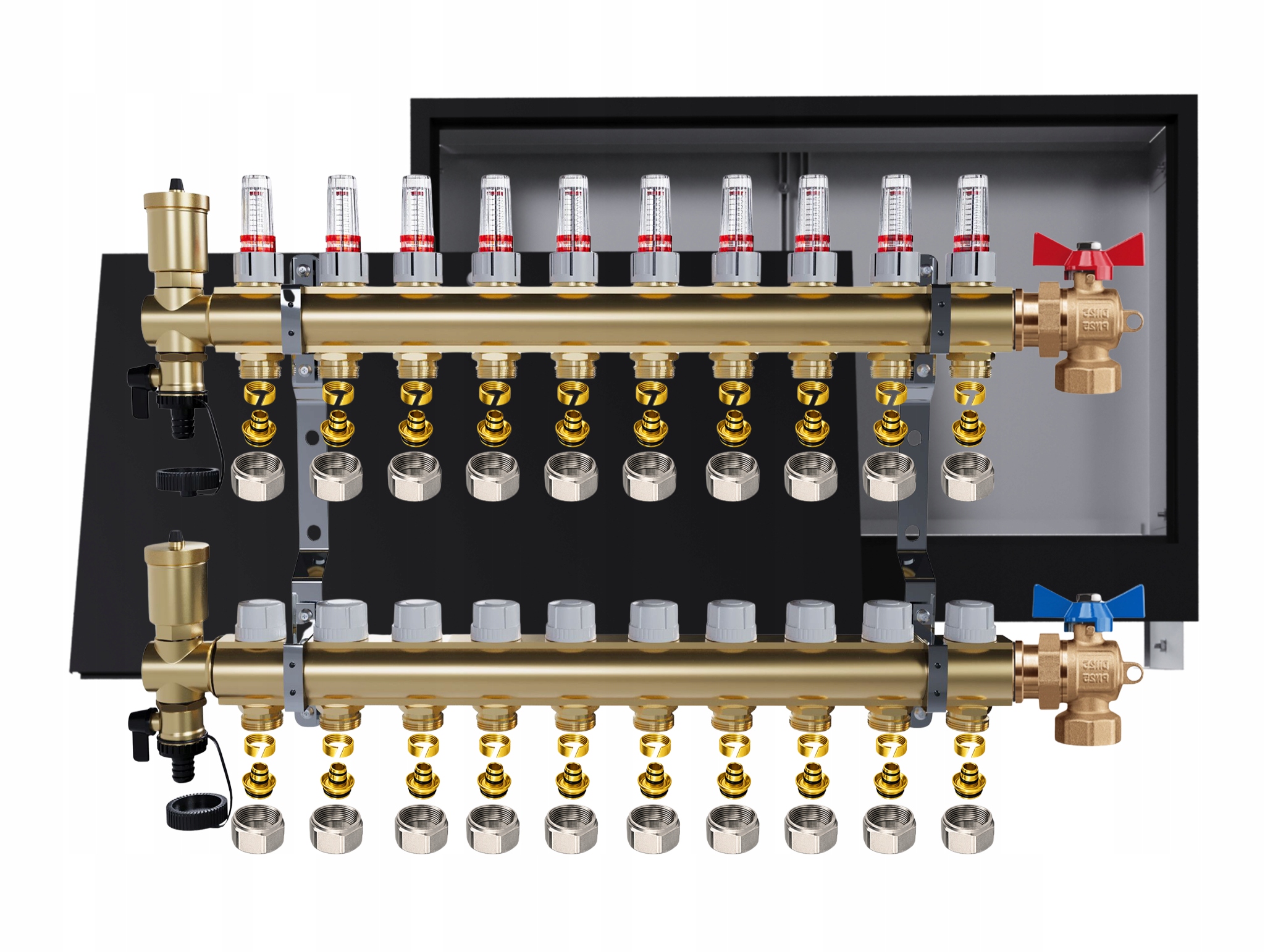 Rozdělovač podlahový mosazný 10 obvodů Podomítková skříňka černá Pex