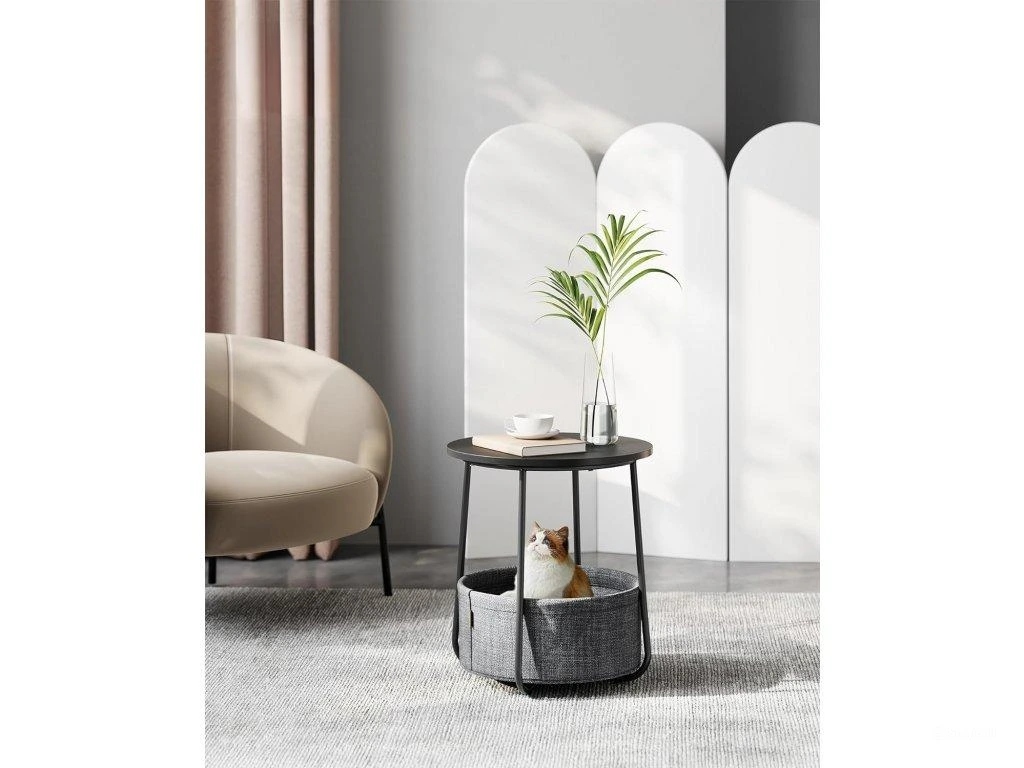 Kulatý odkládací stolek s textilním košem černý šedý