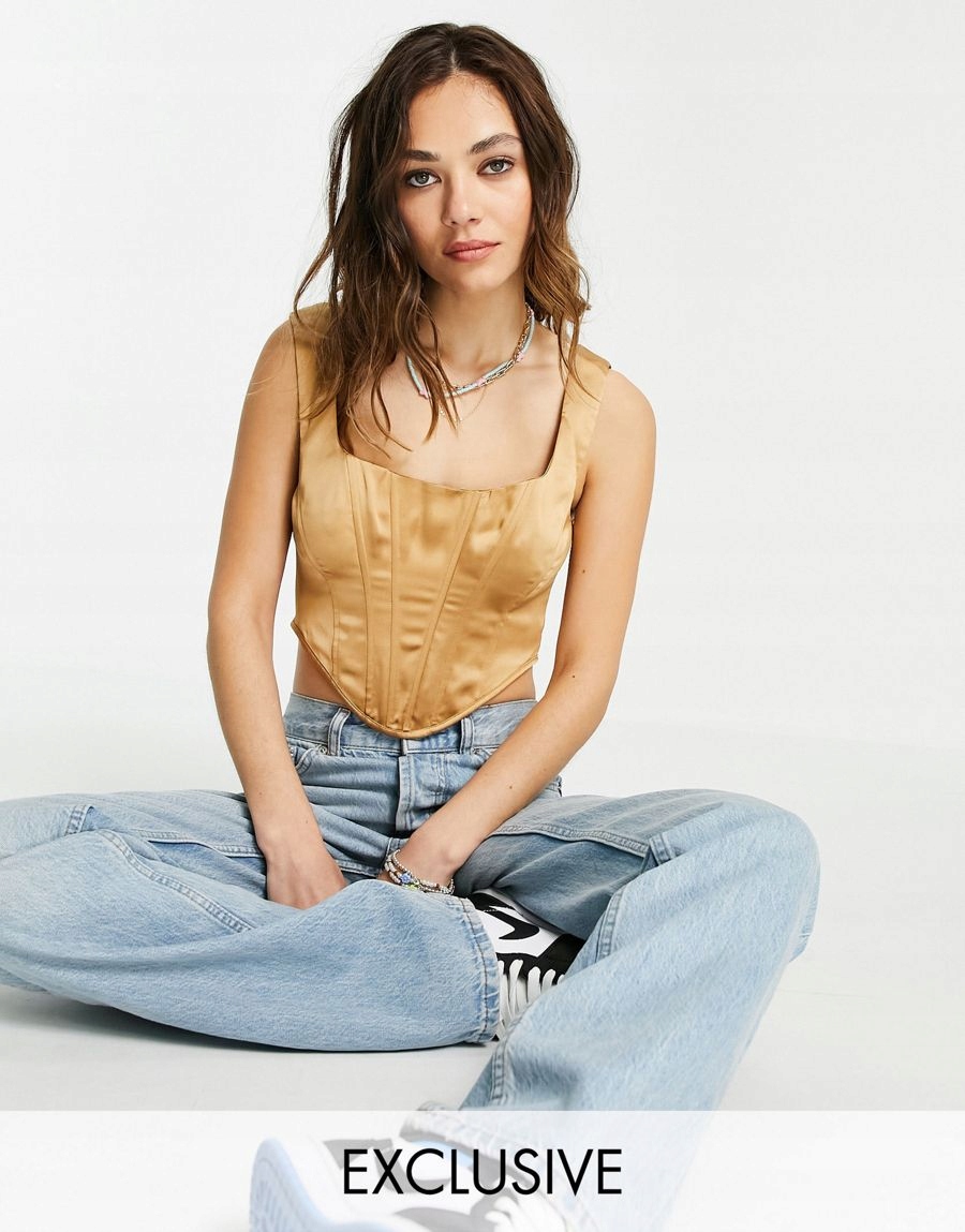 TOP DAMSKI SATYNOWY GORSET BRĄZOWY CASUAL 36 1RNM Wzór dominujący bez wzoru