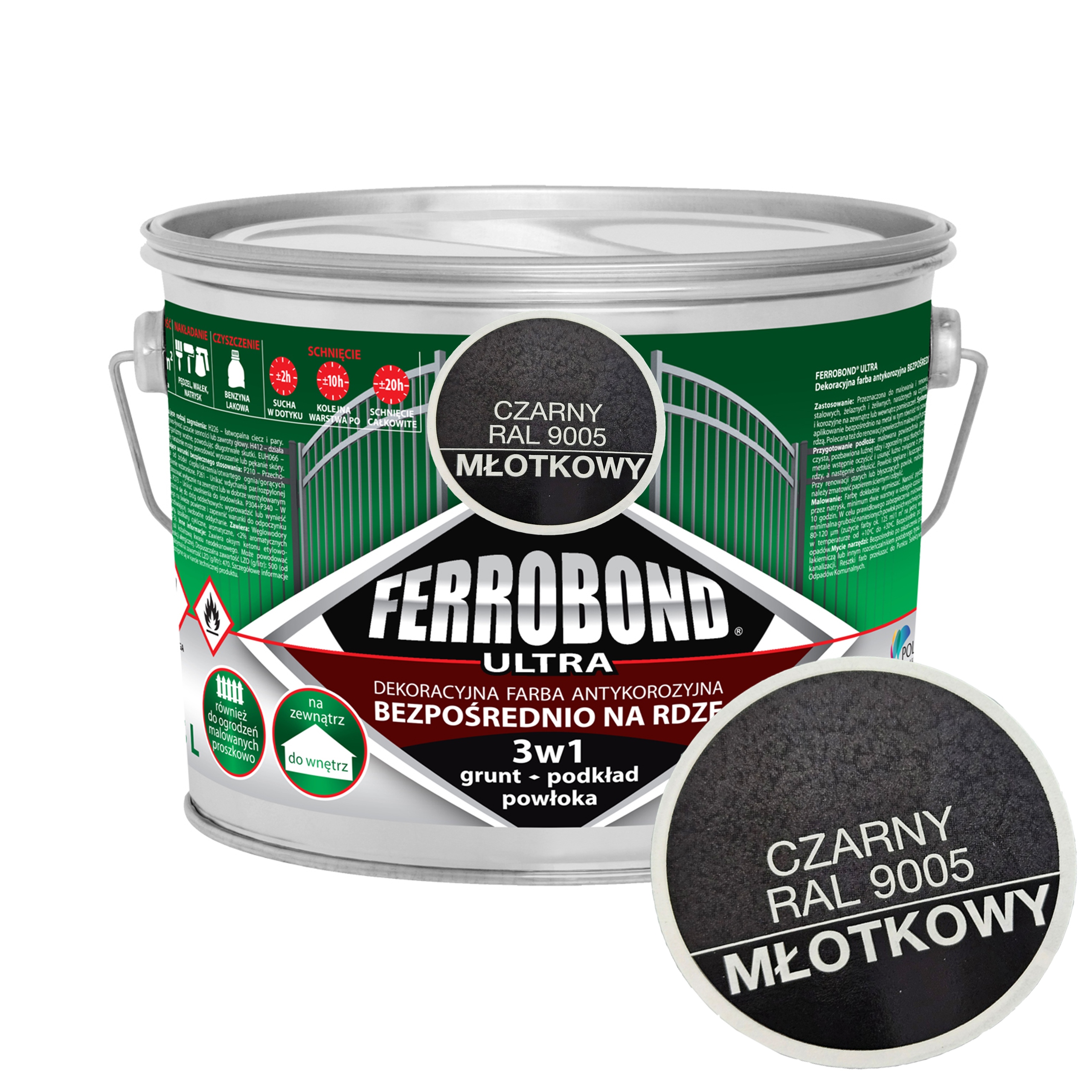 Farba do Metalu Żeliwa na Rdzę Czarny Młotkowy RAL9005 2,5L Ferrobond Ultra