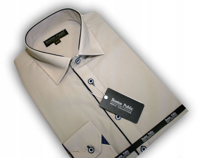 Mr4 Koszula męska DŁUGI BEŻOWA GŁADKA slim 41/42 Rozmiar 41