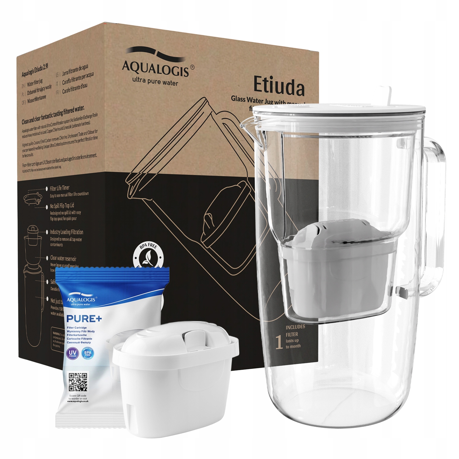 Dzbanek Filtrujący Szklany Etiuda Biały Wkład Pure+ Aqualogis 2.9L