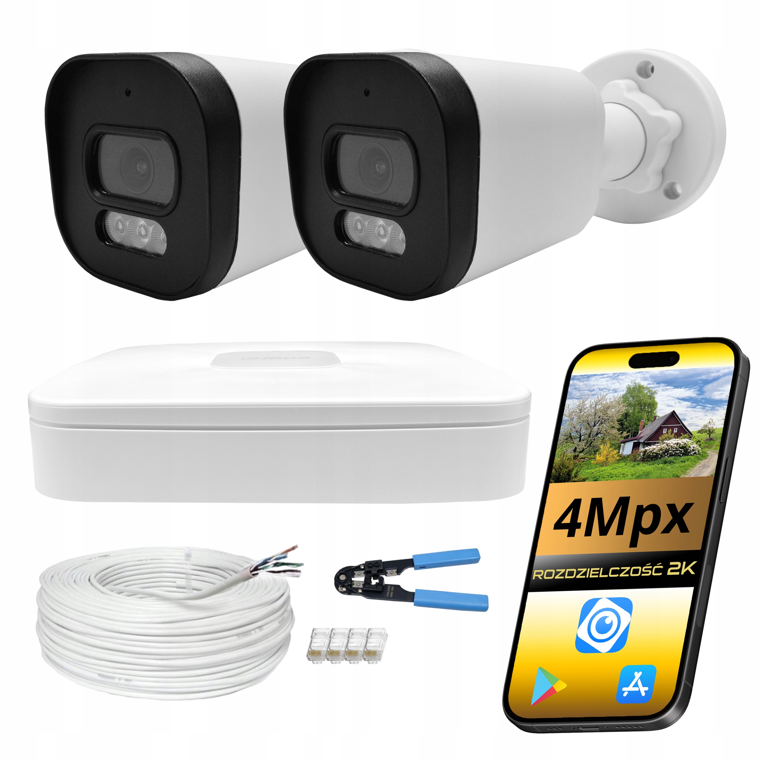 Sada Pro Monitorování Dahua 2 Kamery Ip Hybridní Osvětlení 4MPX PoE