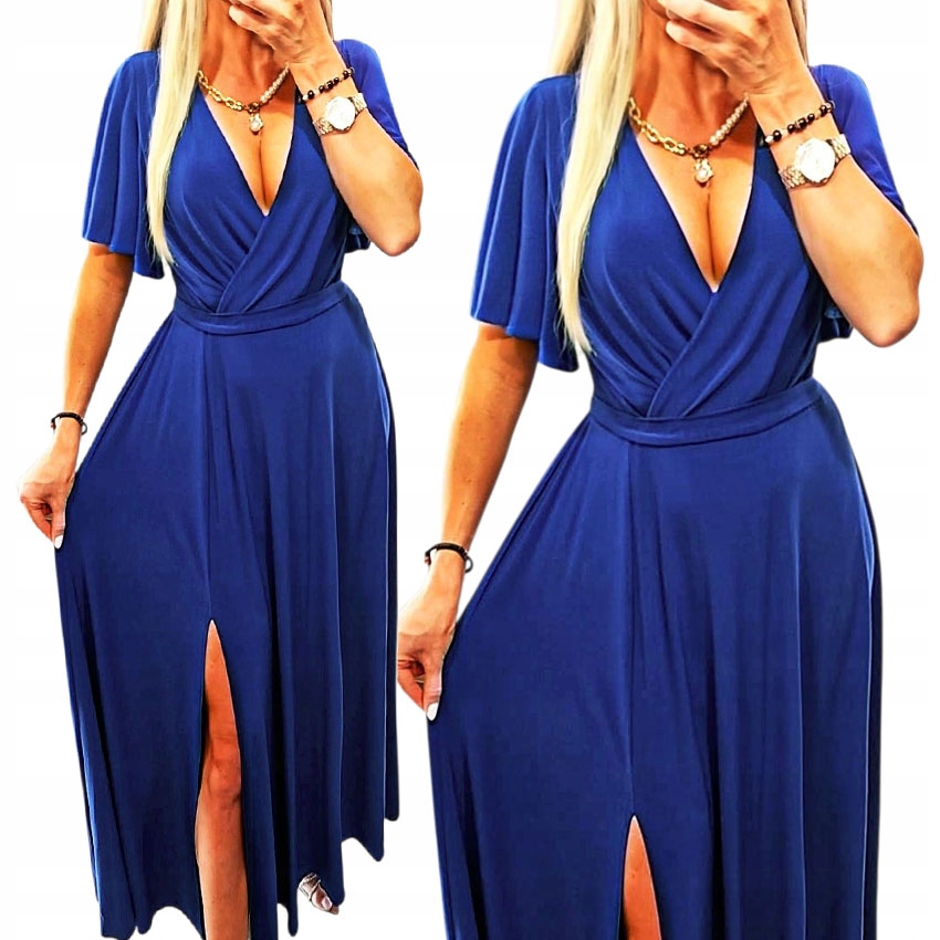 Sukienka Długa Maxi Chabrowa Kobaltowa Maskująca Brzuch Z Rozpierdakiem