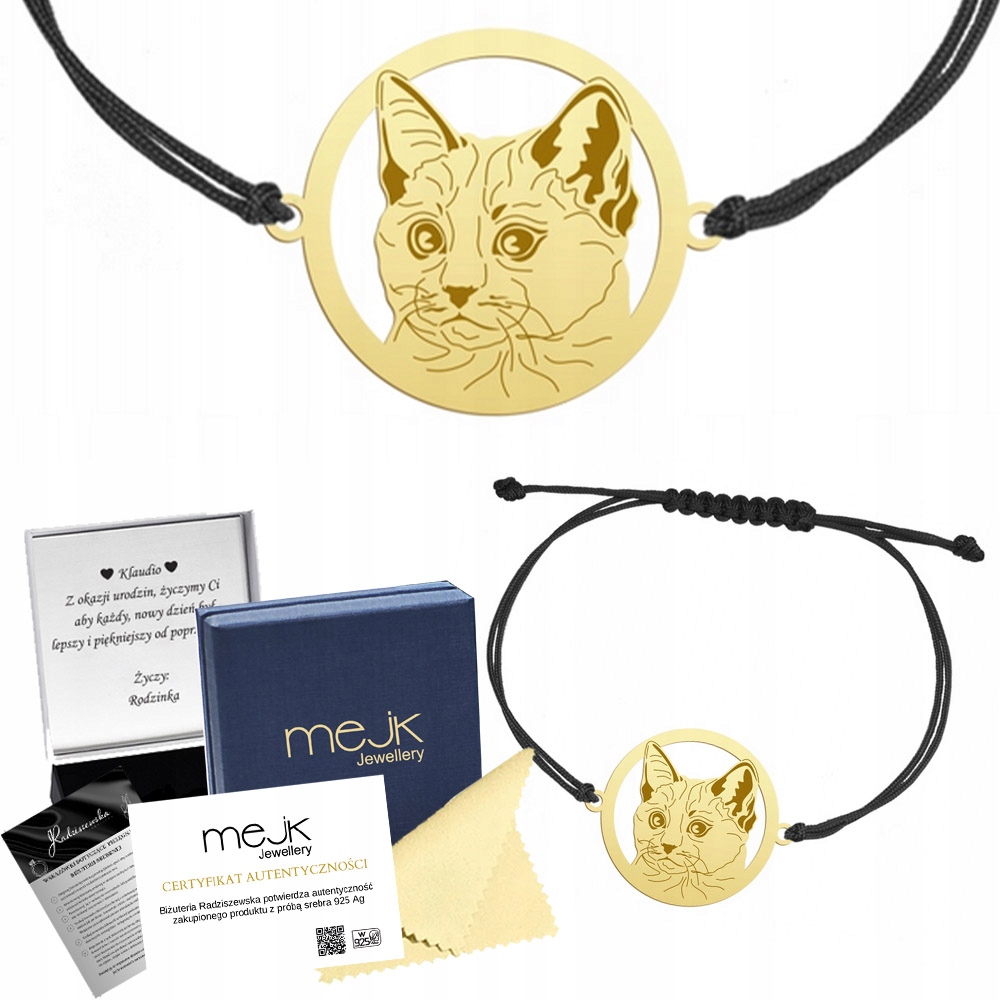 Zlatý náramek s thajskou kočkou 925 Šňůra Šperky Dárek Gravírování