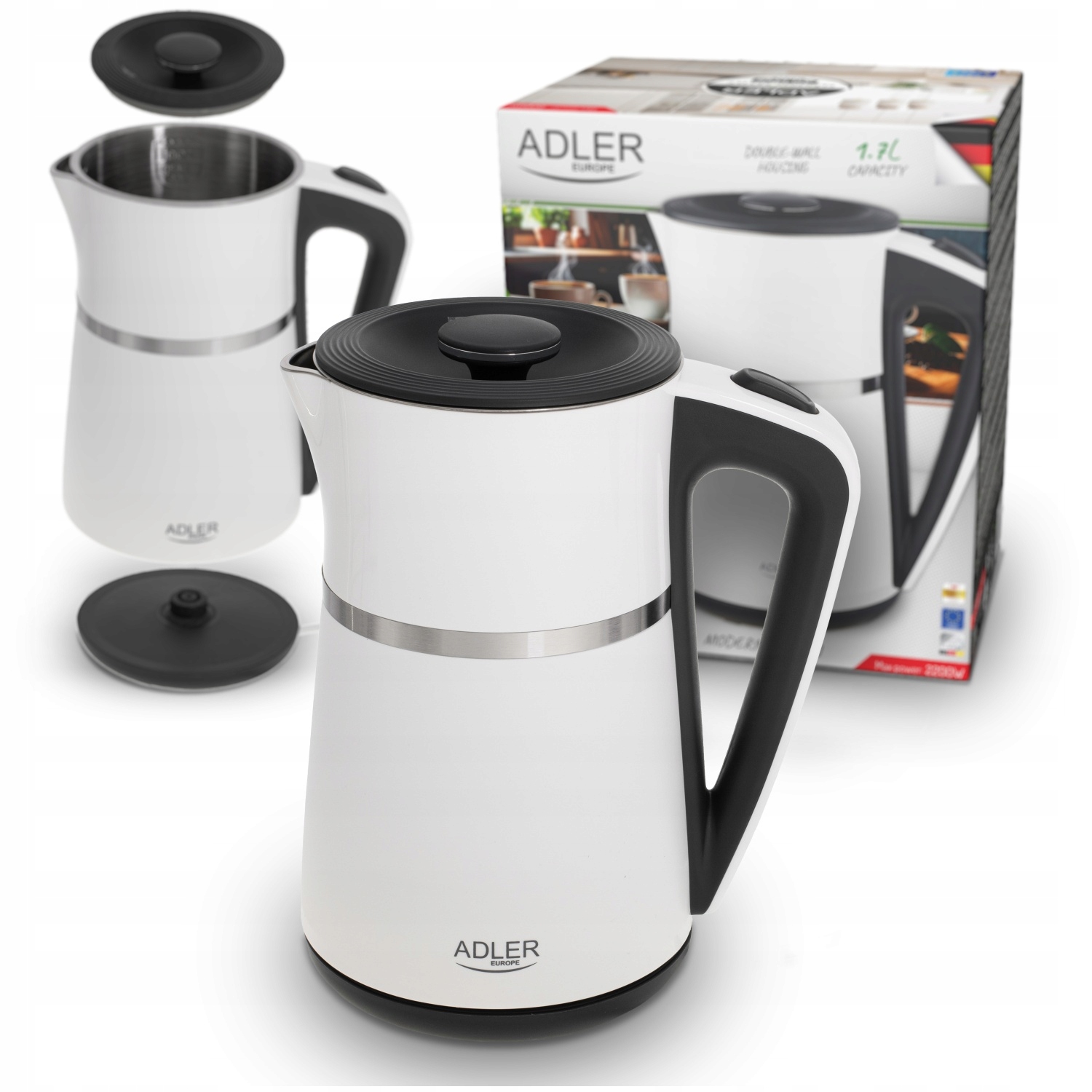 Elektrická varná konvice 1,7 l Nerezová Ocel 2200 W Dvojité stěny AD1355 W