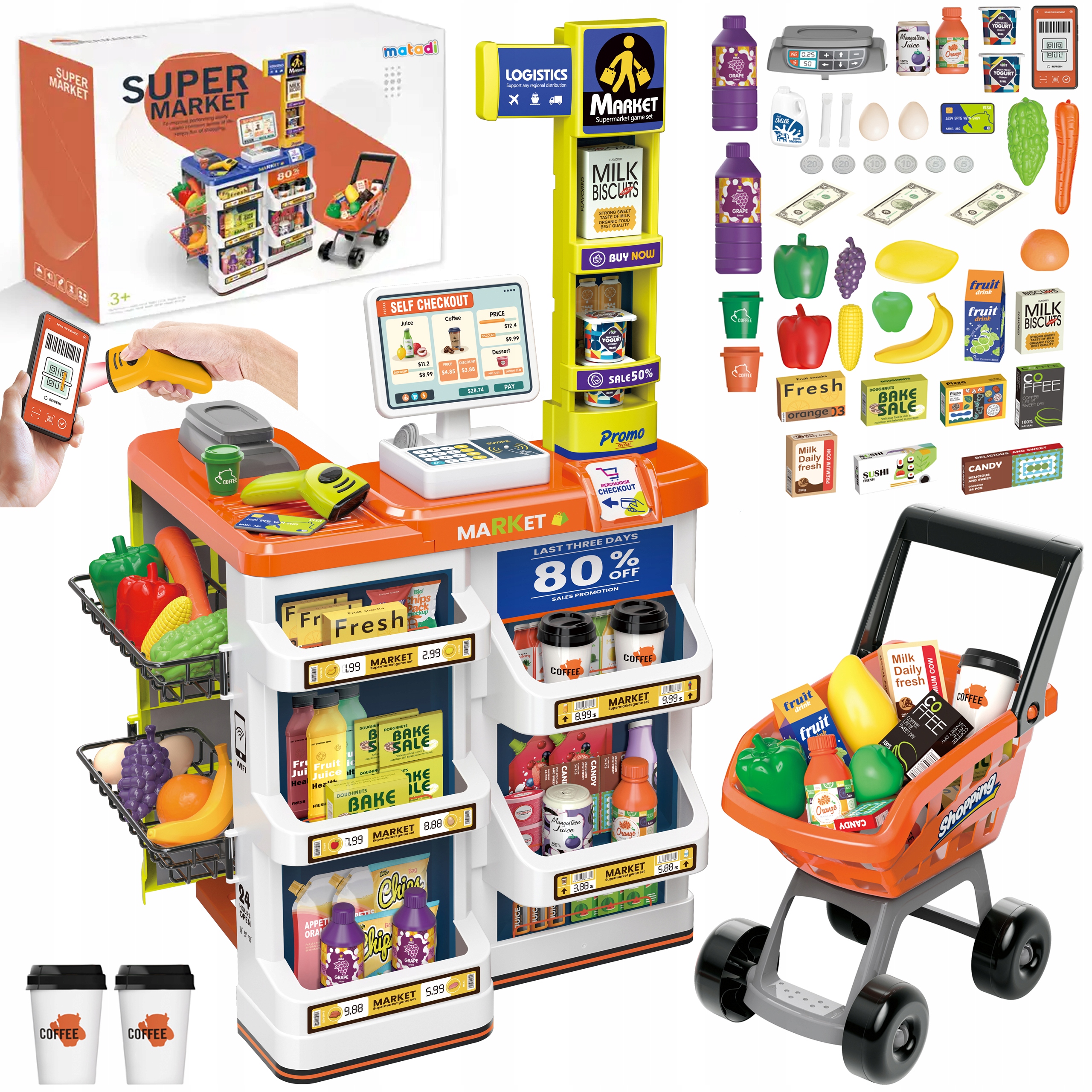 Supermarket dla Dzieci Sklep Kasa Fiskalna Interaktywny Wózek Waga Terminal