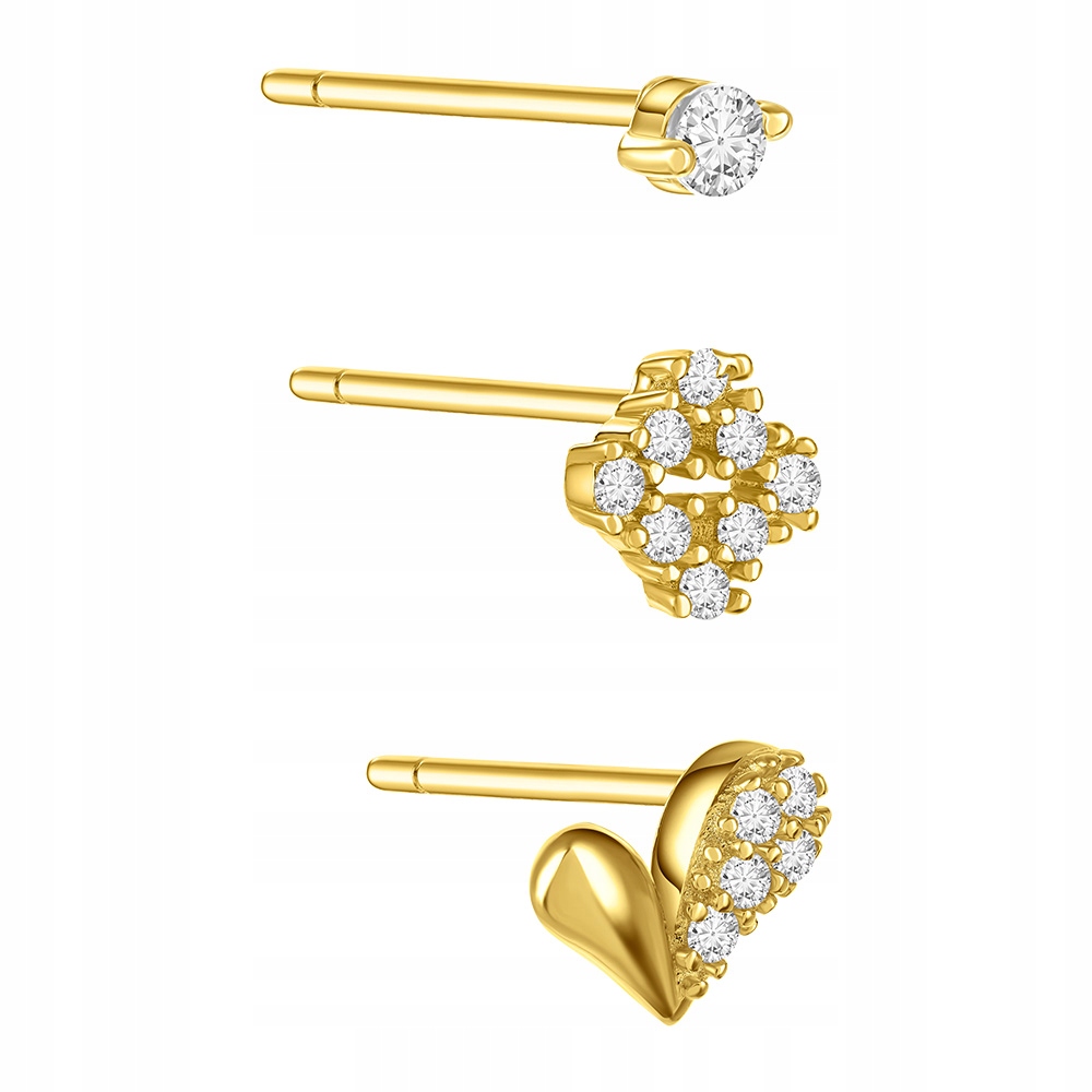 Kolczyki Pozłacane z Cyrkoniami 3 Sztuki Sztyfty Wkrętki Srebro 925 Sadva