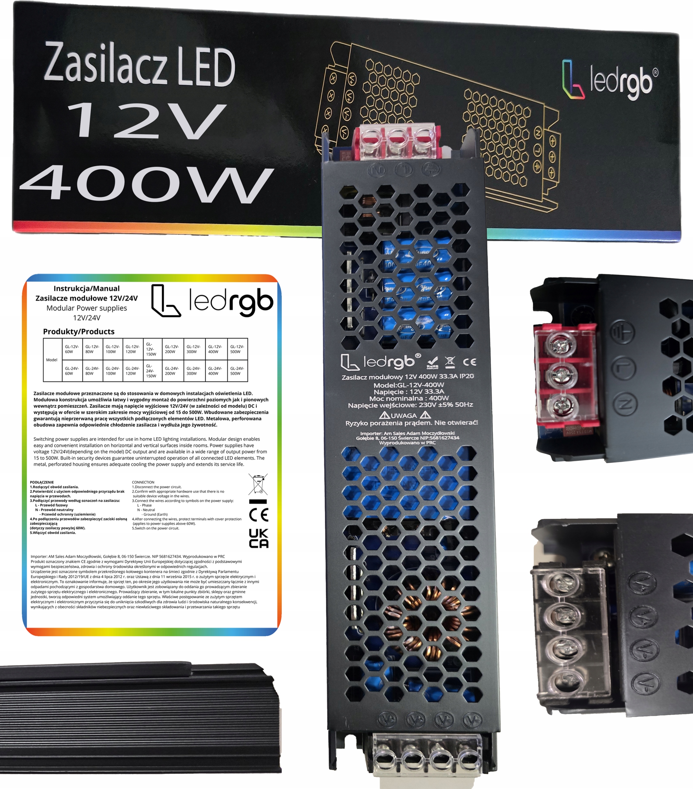 Montážní napájecí zdroj 12V 33A 400W Premium pro Led modulární Ac DC Slim Webasto