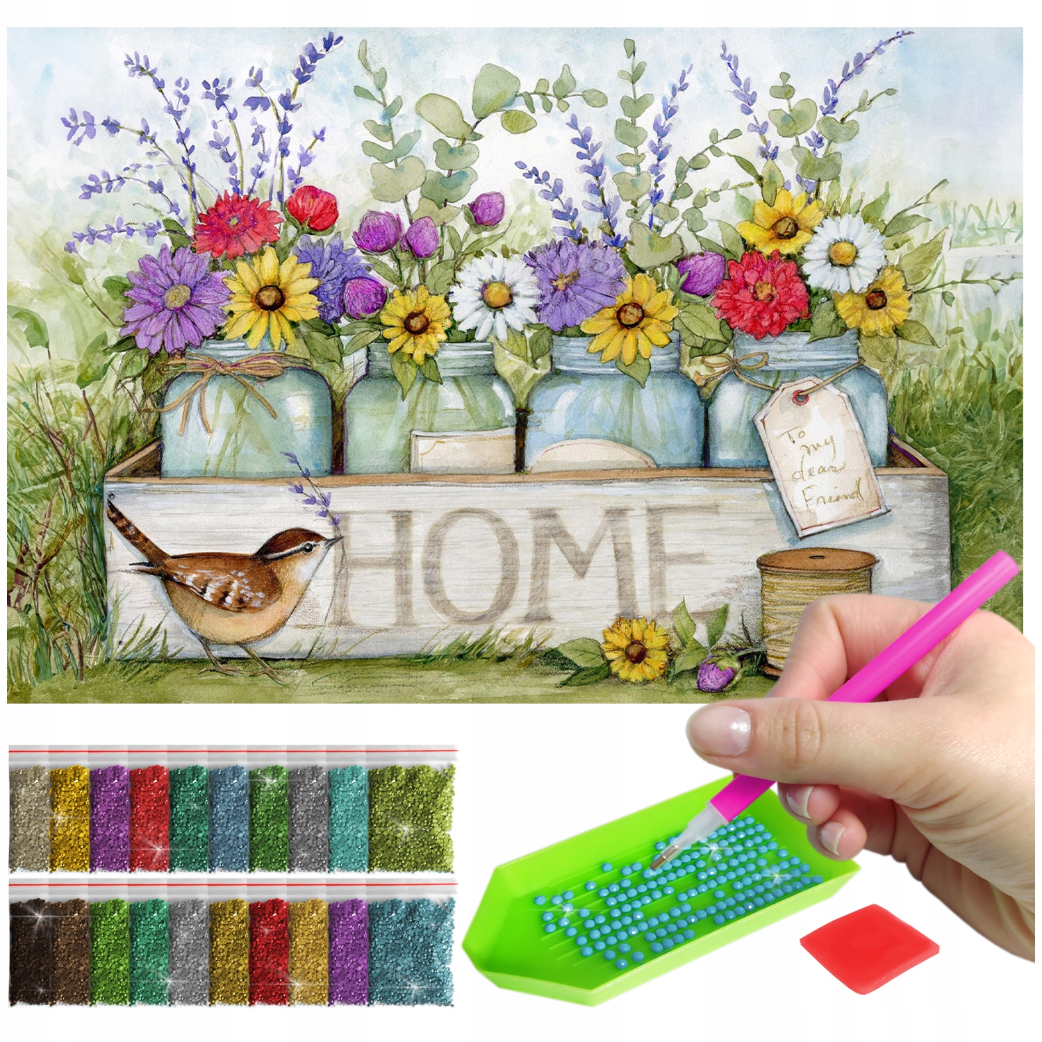 Výšivka Diamond Painting mozaika květiny v koši sada příslušenství