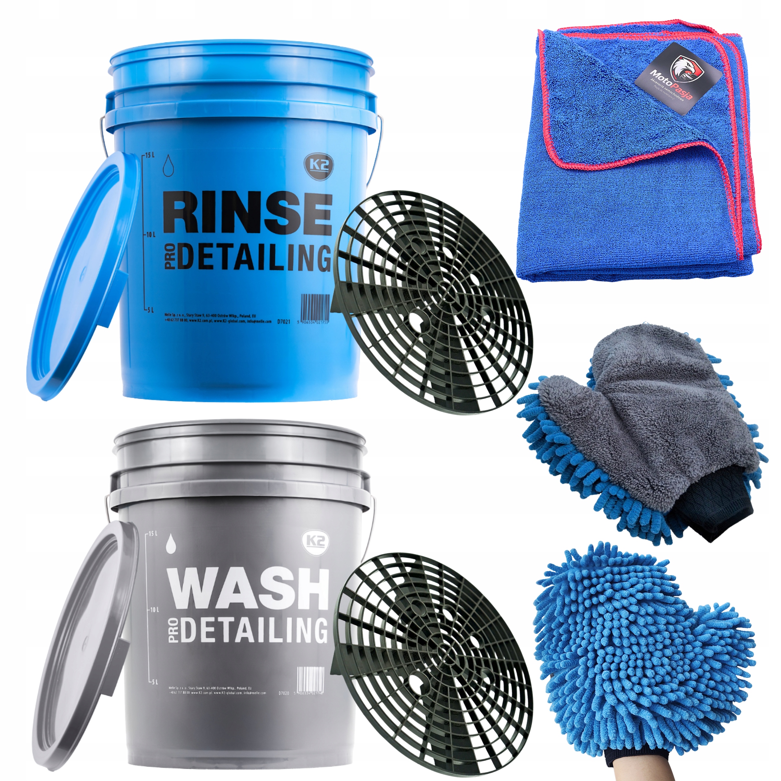 2x Detailingové vědro K2 Separátor Rukavice Ručník na mytí auta MotoPasja
