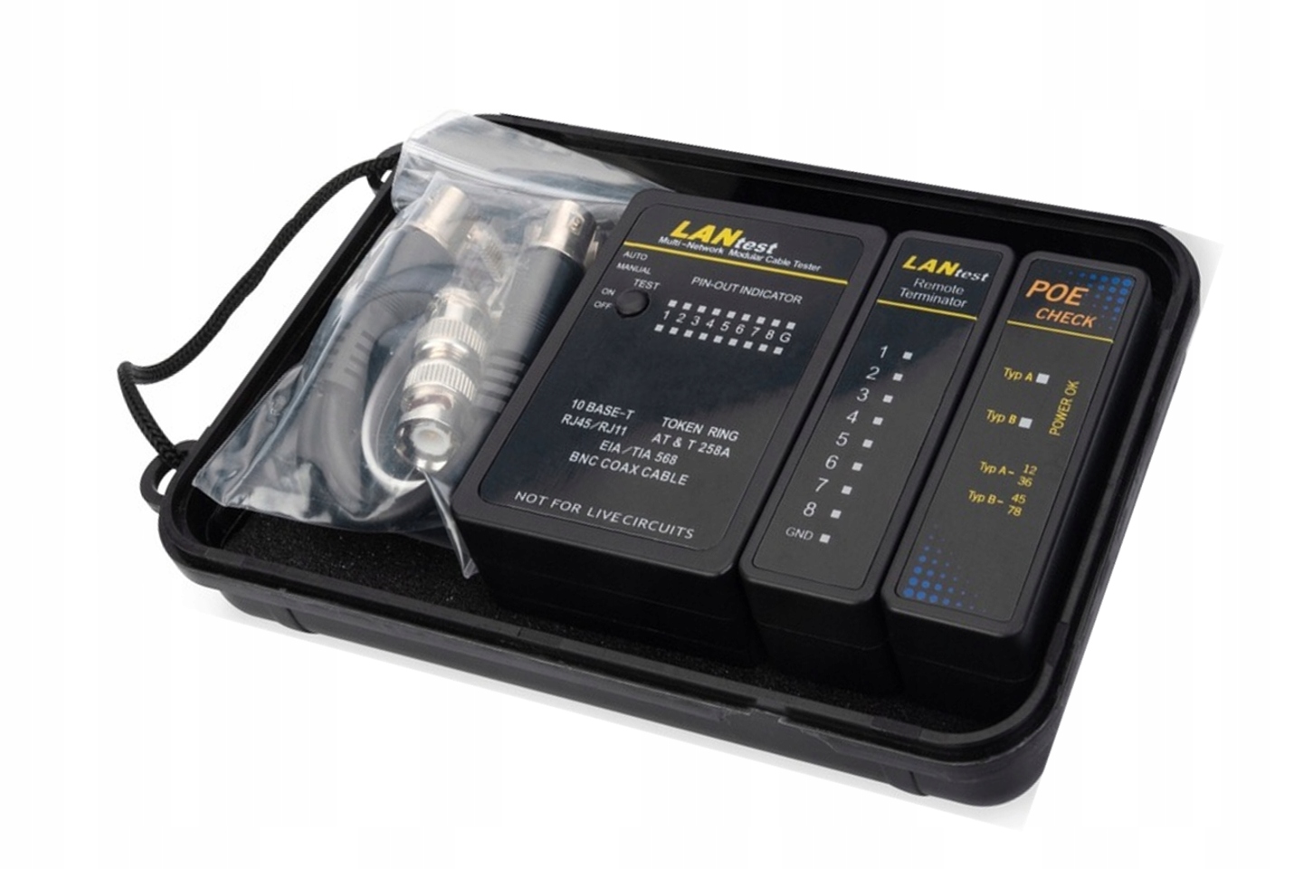 

Tester kabli sieci Lan RJ45 RJ12 RJ11 Bnc PoE Led