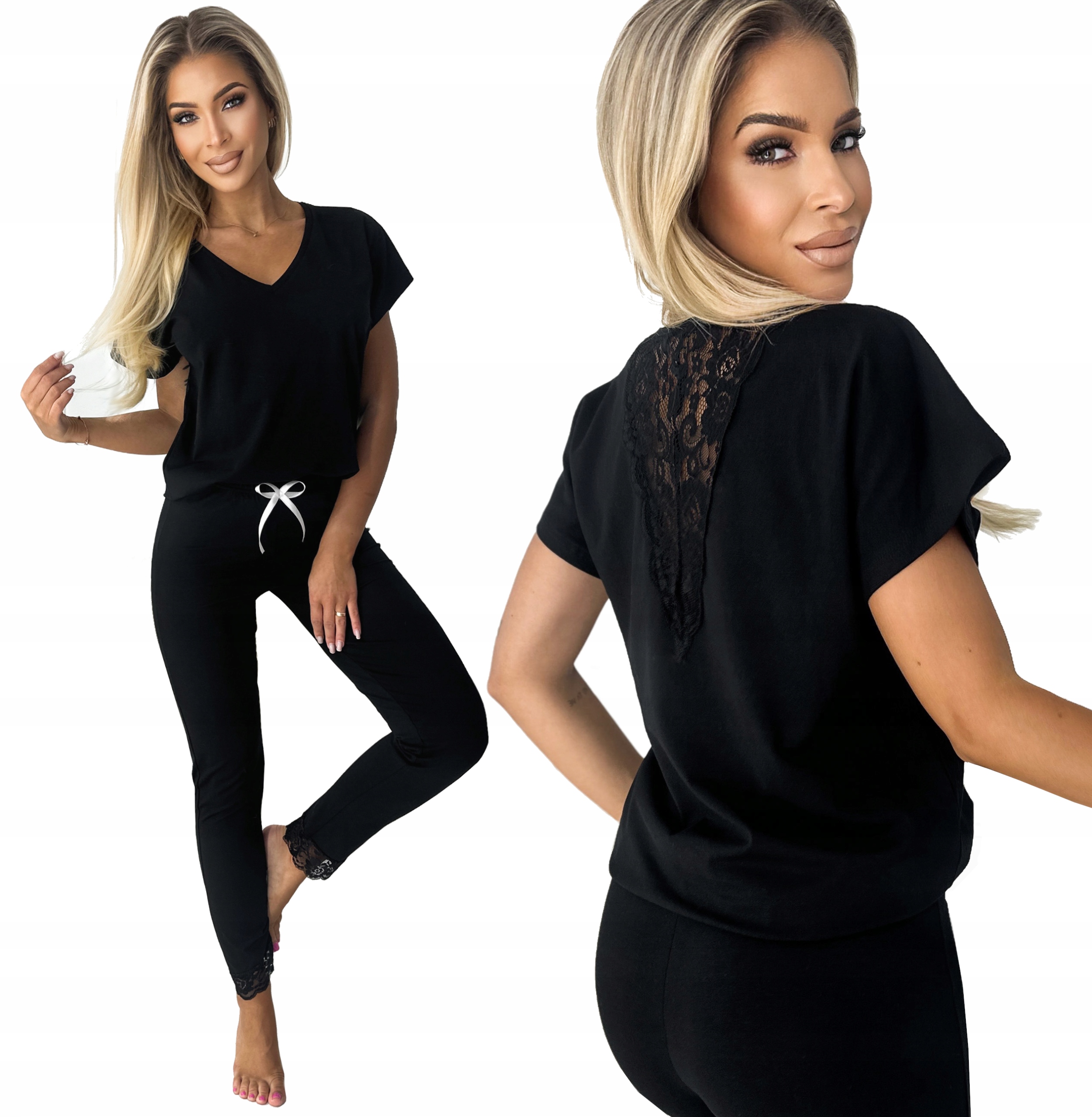 Bawełniana Kobieca Piżama Plecy Koronka Black L/XL Czarna