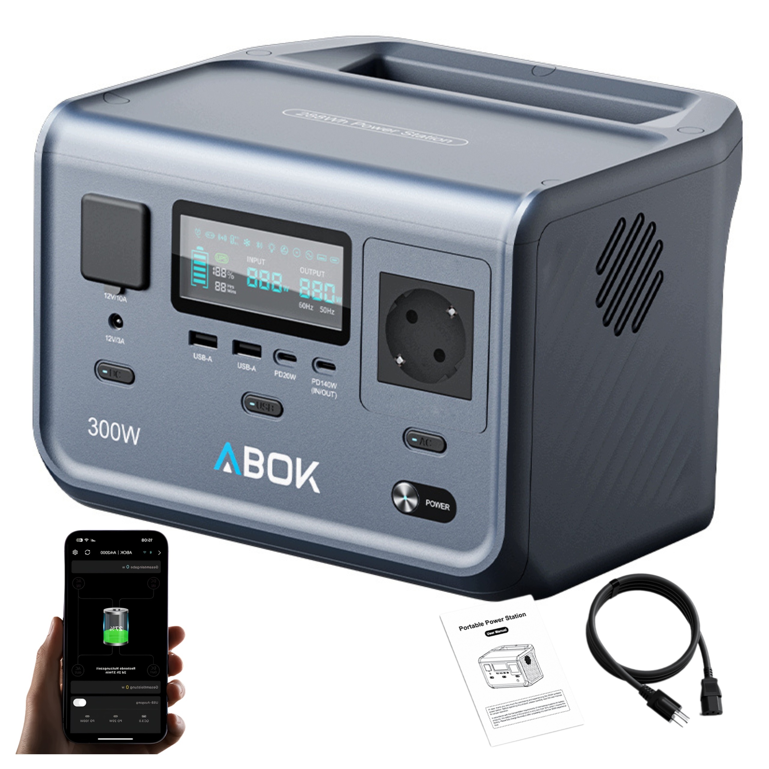 Přenosná napájecí stanice Abok ARK300 288Wh 300W LiFePO4 Usb C 140W lehká